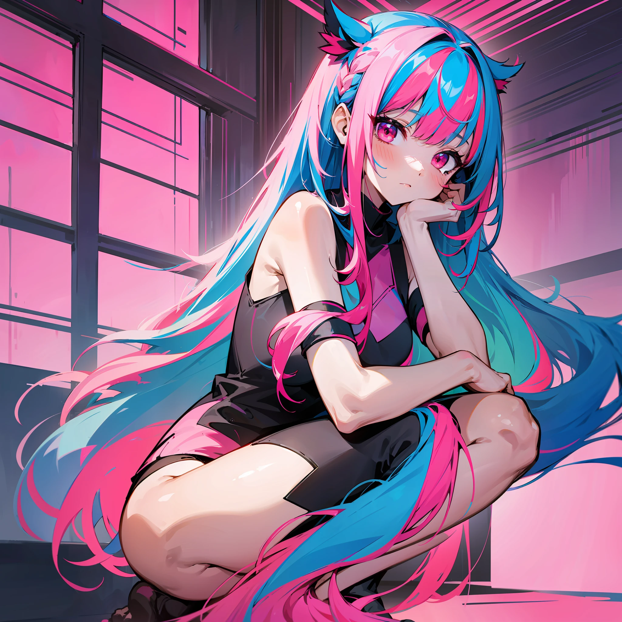 1girl, solo, long hair, multicolored hair, looking at viewer, bare shoulders, colorful, red eyes, blue hair, squatting, bangs, streaked hair, pink eyes, pink hair, colored skin --auto --s2