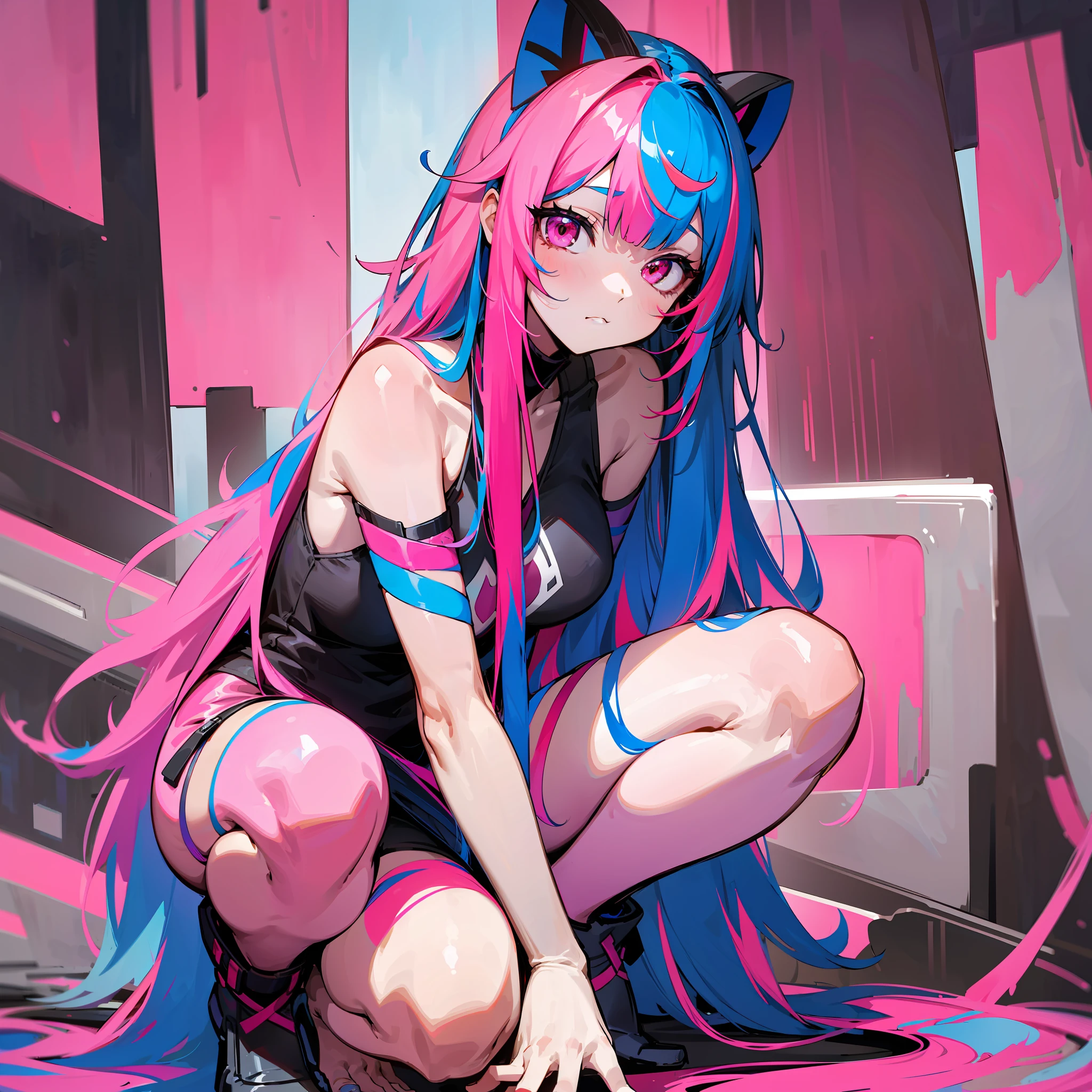 1girl, solo, long hair, multicolored hair, looking at viewer, bare shoulders, colorful, red eyes, blue hair, squatting, bangs, streaked hair, pink eyes, pink hair, colored skin --auto --s2