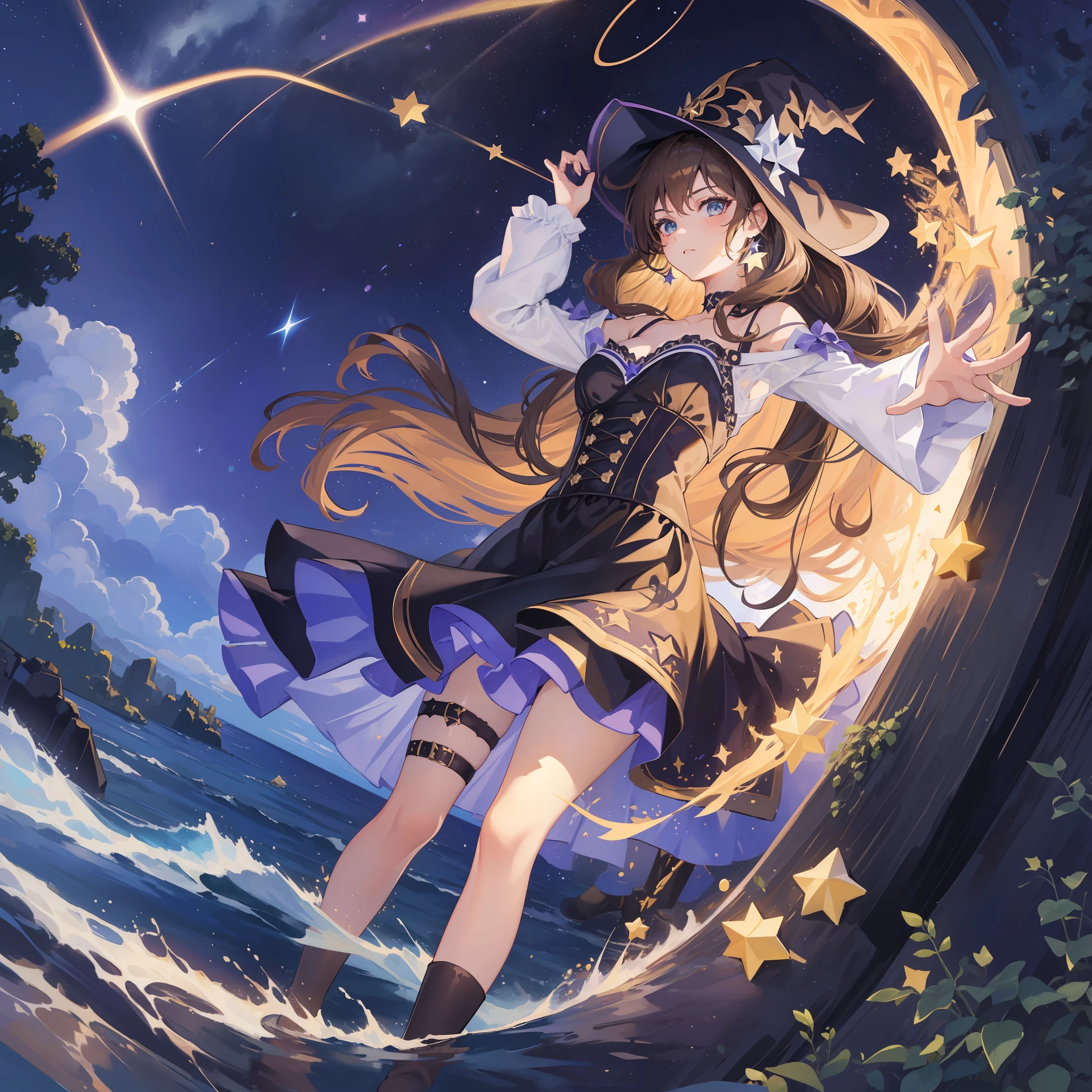 1girl, solo, 1girl, Lisa \(Genshin Impact\), maid, choker, hair between eyes, star \(symbol\), hat, wavy hair, skirt, brown hair, looking at the viewer, green eyes, shining eyes, earrings, jewelry, black and purple dress, black stockings, witch, bangs, black shoes, landscape, night sky, star \(sky\), moon, starry sky, night, outdoor, clouds, reflection, water, magic, tarot