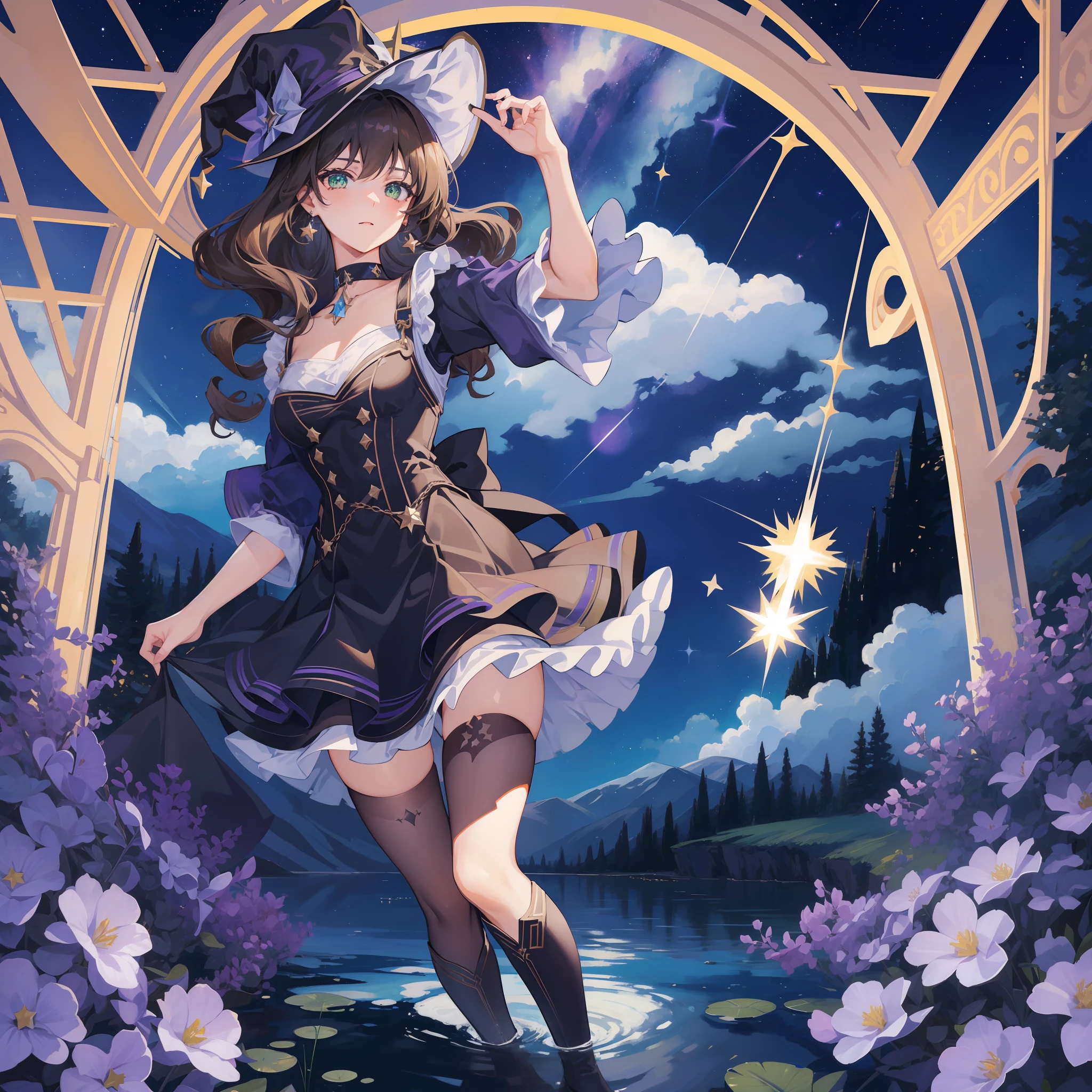 1girl, solo, 1girl, Lisa \(Genshin Impact\), maid, choker, hair between eyes, star \(symbol\), hat, wavy hair, skirt, brown hair, looking at the viewer, green eyes, shining eyes, earrings, jewelry, black and purple dress, black stockings, witch, bangs, black shoes, landscape, night sky, star \(sky\), moon, starry sky, night, outdoor, clouds, reflection, water, magic, tarot