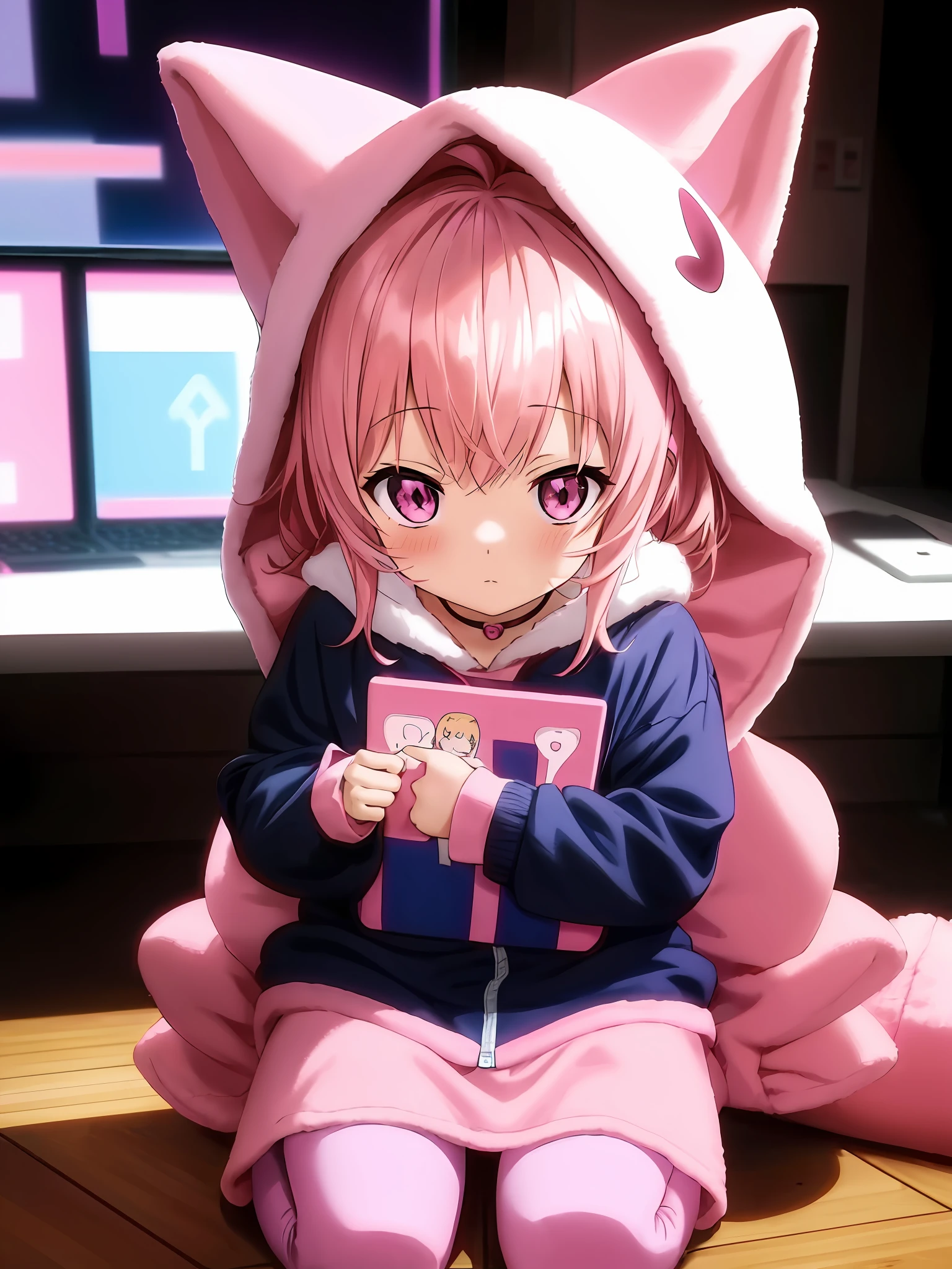 anime girl in pink outfit sitting on floor with laptop and pink cat costume, anime! 4k, anime! 4 k, anime style 4 k, anime moe artstyle, best anime 4k konachan wallpaper, anime style. 8k, cute anime girl, cute anime catgirl, 8k anime, digital anime illustration, at pixiv, anime 4 k