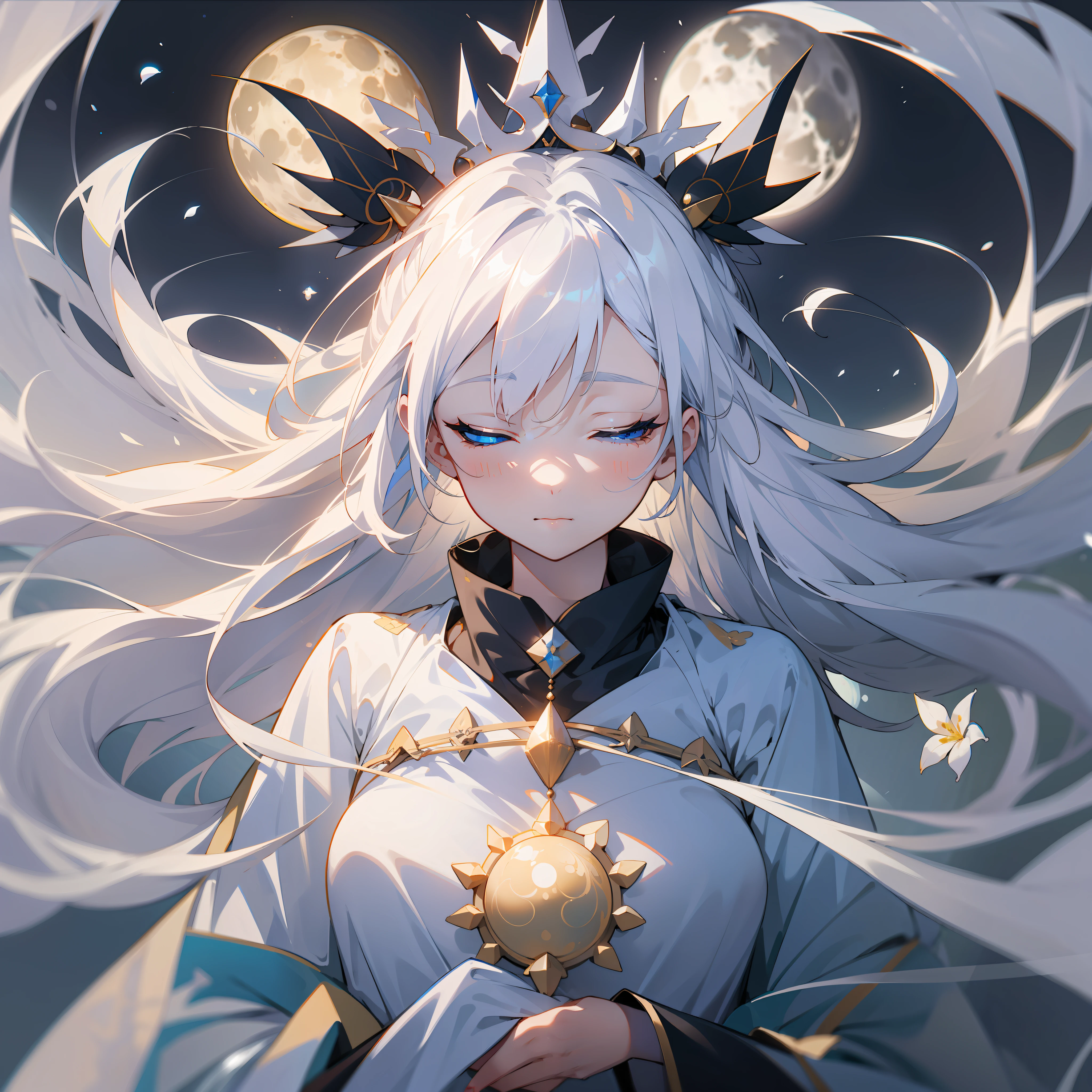 Anime girl with white hair and blue eyes and yellow moon, white hair deity, white hair translucent, white hair floating in the air, popular on cgstation, flowing white hair, long white hair, closed eyes, closed moon shame flower, no characters, eyelashes have highlights, eyes closed