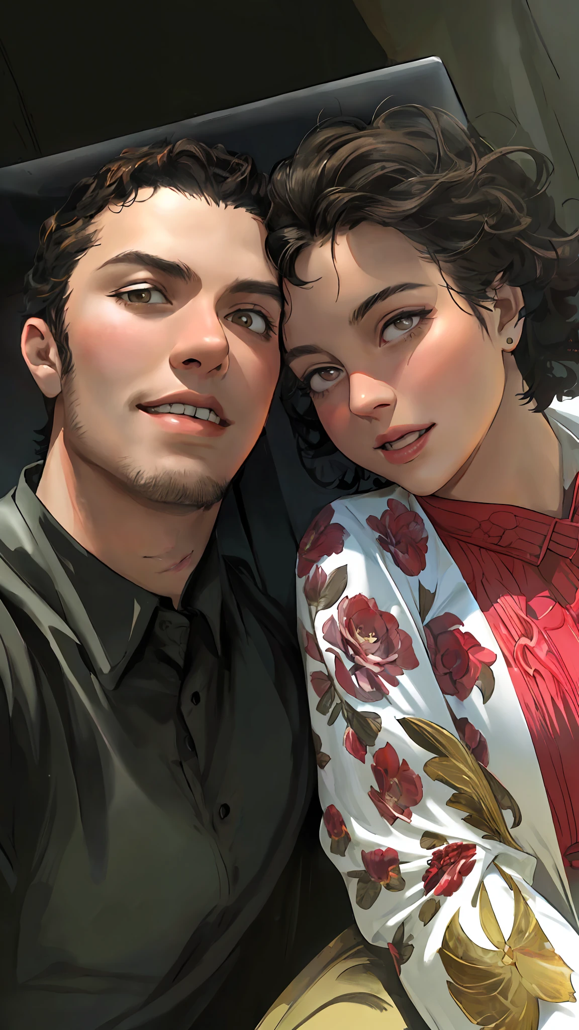 Romantic. passionate, happy facial expression. Woman with short black curly hair. and honey-colored eyes. good quality. Ultra quality. Film. elegant. I suggest detailed. dynamic pose. Color grading, realistic