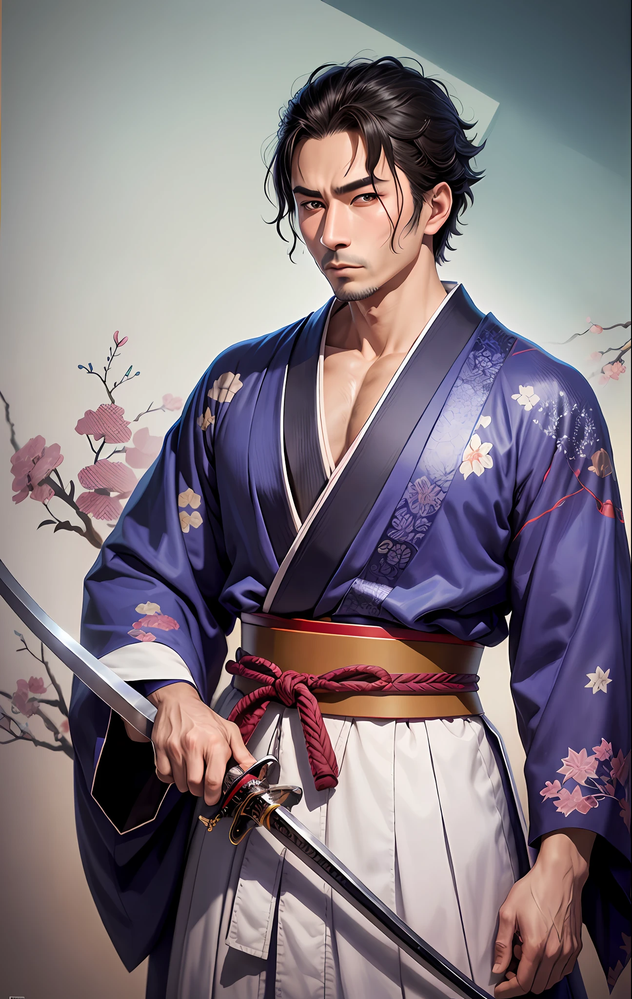 arafed man in a kimono holding a sword and a sword, hakama kimono, araki style, intricate hakama, ukiyo-style, araki, daigo ikeno, in kimono, yasuke 5 0 0 px models, wearing hakama, miura kentaro style, inspired by Itō Ogura Yonesuke
