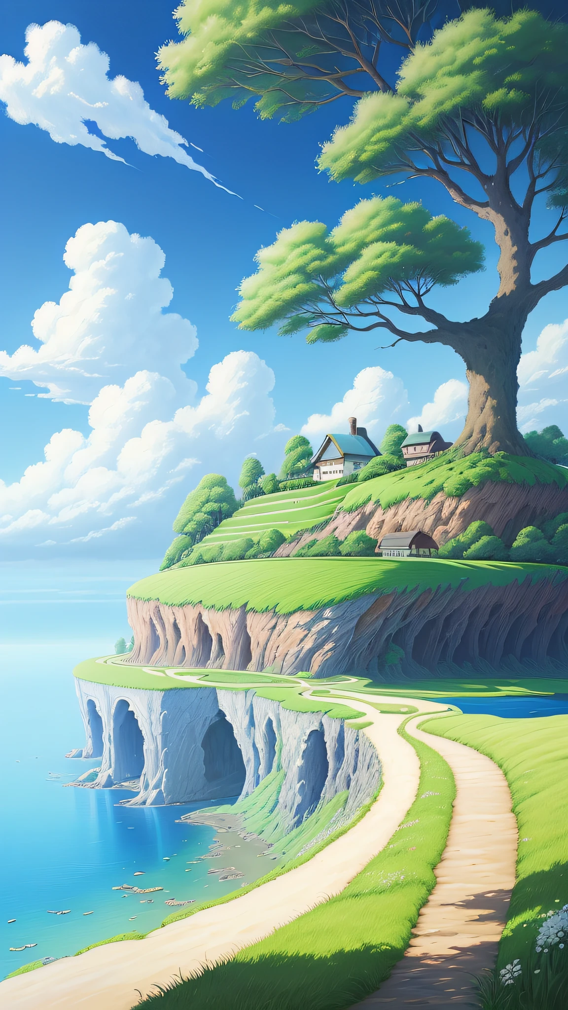 Realistic, authentic, beautiful and amazing landscape oil painting Studio Ghibli Hayao Miyazaki&#39;s petal grassland with blue sky and white clouds --v6