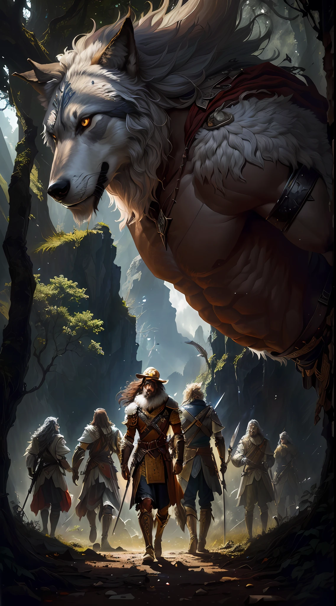 Obivom, wolves, wolf, a man from Portugal, Amazon forest, a male landknt with a serious look on his face is holding a great sword ready for combat against a murderous and bloodthirsty god, with armor, apocalypse, biblical, battlefield, war, death, bold, proud, long hair, with hat, mustache, beard, Whirlwind, , (Meret Oppenheim:1.25), shattered glass, wilted flowers,Shipwreck, Ethereal, (Double tones:1.1), (Texture:1.1), (Chiaroscuro:1.1), (Reflected light:1.2), Fur, Circle, ultra detailed, intricate, oil on canvas, dry brush, (surrealism:1.1), (disturbing:1.1),