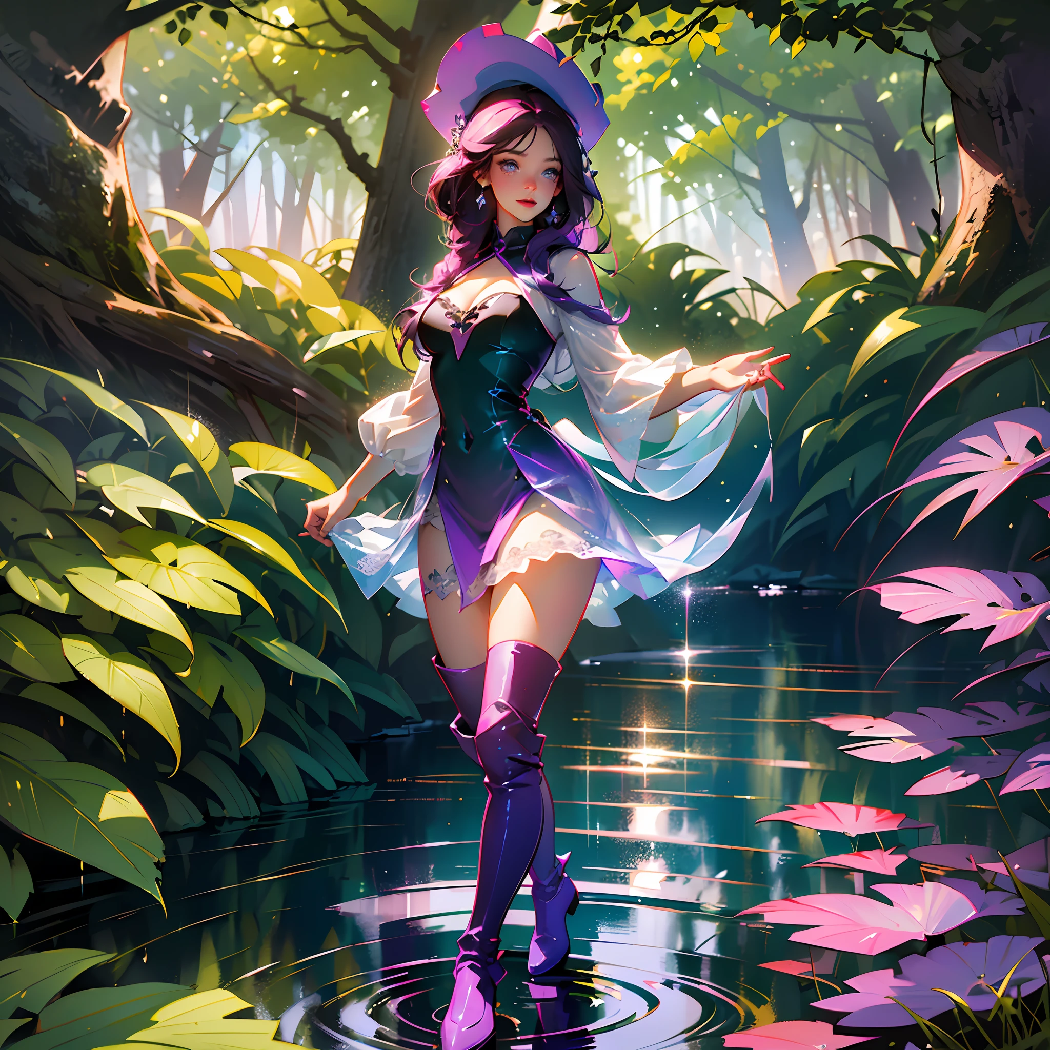 ((Top Quality, 8k, Masterpiece: 1.3)), cute elf girl standing in front of a fantastic forest spring: Perfect figure: 1.4, wet blue-green eyes, pink lips. Slender abs: 1.3, (((dark violet hair, cleavage: 1.2)), smiling at the viewer, transparent wet lace white dress: 1.4, full body post: 1.4, hot pants: 1.5), long boots, highly detailed face and skin texture, detailed eyes, double eyelids, depicting the whole body --auto --s2