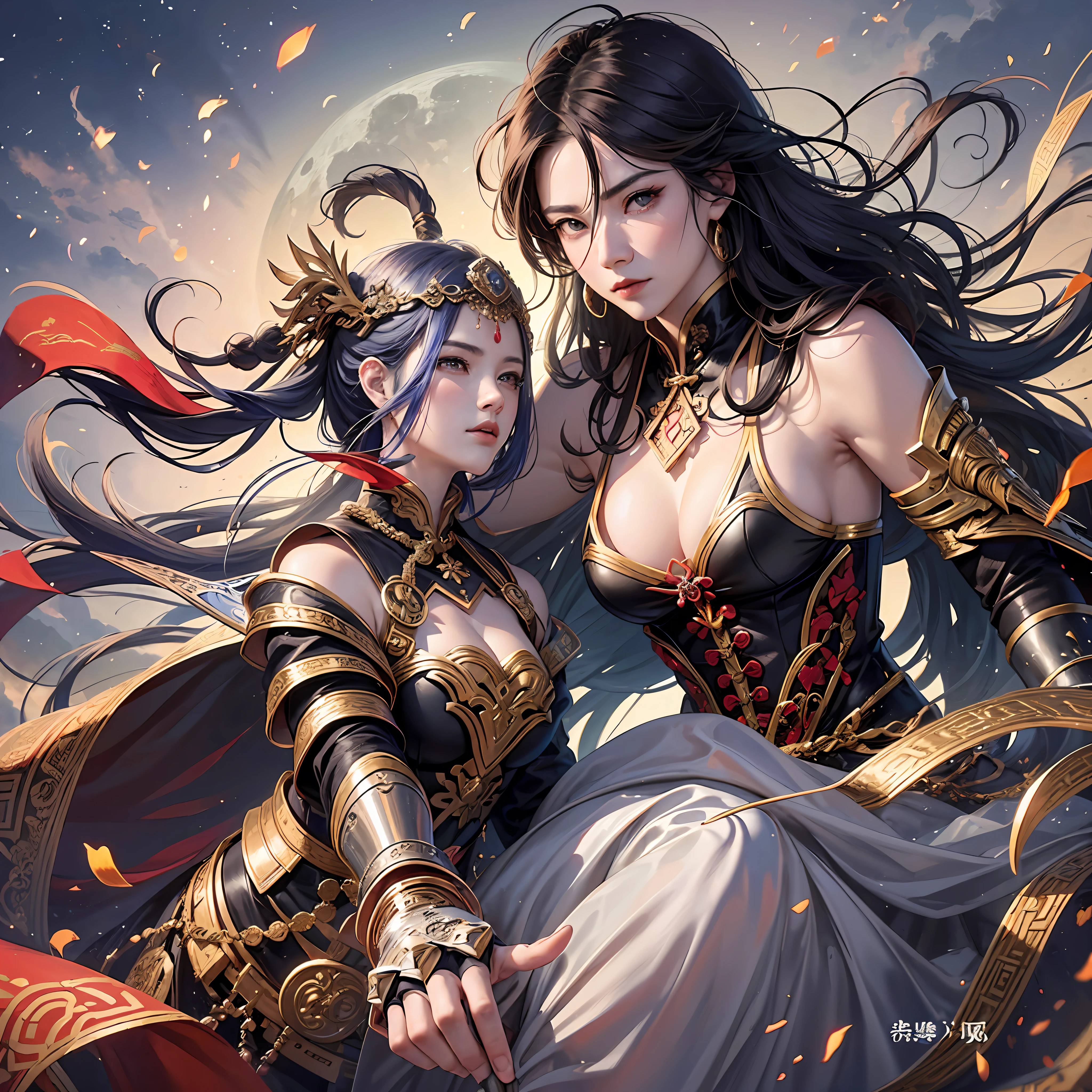 Chinese style ancient warrior, (1 male and 1 female) holding a weapon, (male: 1.2 + female: 1.1), fighting in the shadow of the moon, beautiful and soft night, the breeze blowing, the gorgeous curly dress fluttering in the wind.