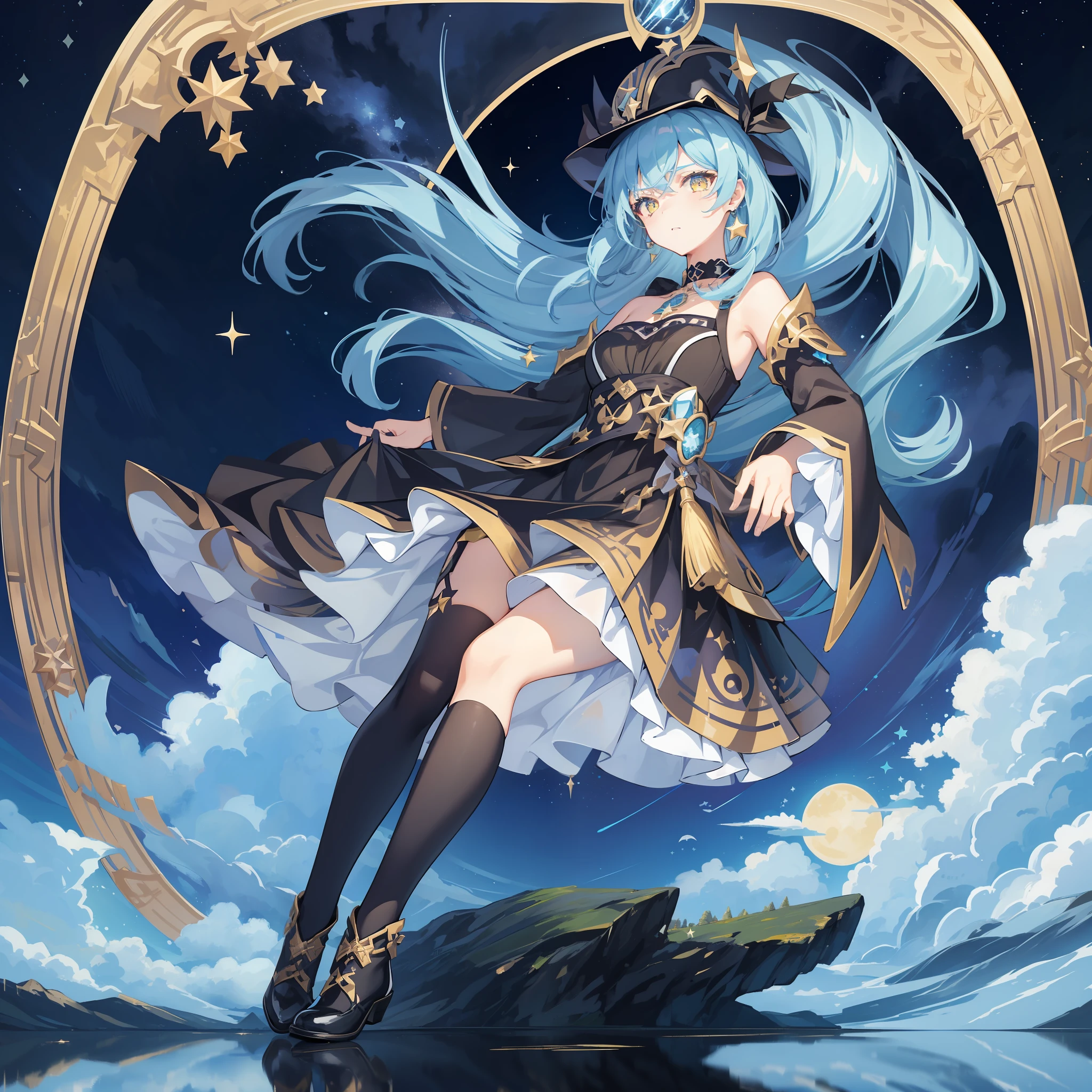 1girl, solo, 1girl, Lilah \(Genshin Impact\), choker, hair between eyes, star \(symbol\), hat, long hair, skirt, light blue hair, looking at the viewer, yellow eyes, shining eyes, earrings, jewelry, black dress, black shirt, black skirt, black stockings, witch, bangs, black shoes, landscape, night sky, star (sky\), moon, starry sky, night, outdoor, clouds, reflection, water, magic, tarot
