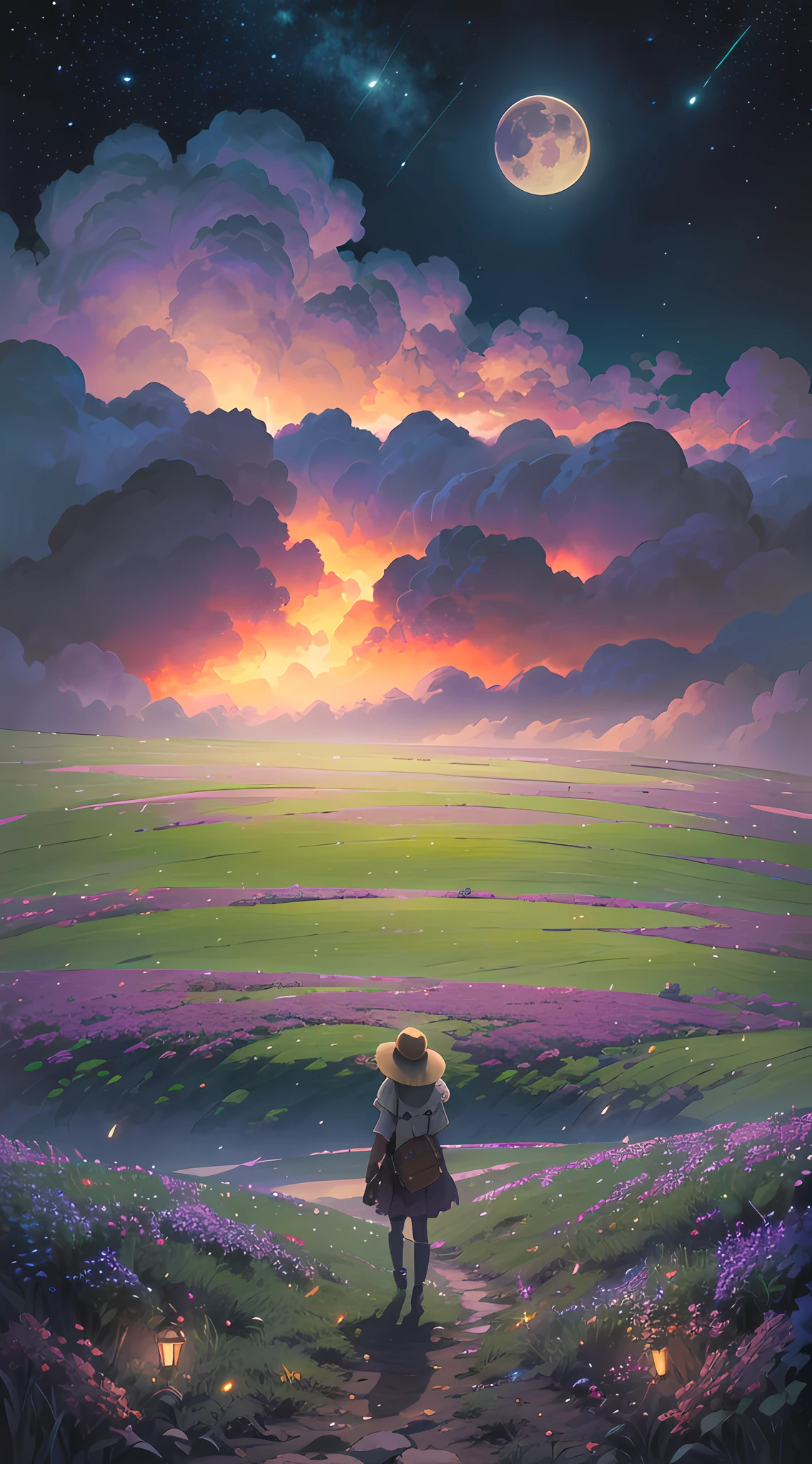 Vast landscape photo, (viewed from below, the sky is above and the open field is below), a girl standing on a flower field looking up, (full moon: 1.2), (meteor: 0.9), (nebula: 1.3), distant mountains , Trees BREAK Crafting Art, (Warm Light: 1.2), (Fireflies: 1.2), Lights, Lots of Purple and Orange, Intricate Details, Volumetric Lighting, Realism BREAK (Masterpiece: 1.2), (Best Quality), 4k, Ultra-Detailed, (Dynamic Composition: 1.4), Very Detailed, Colorful Details, (Rainbow Colors: 1.2), (Glow Lighting, Atmospheric Lighting), Dreamy, Magical, (Solo: 1.2)