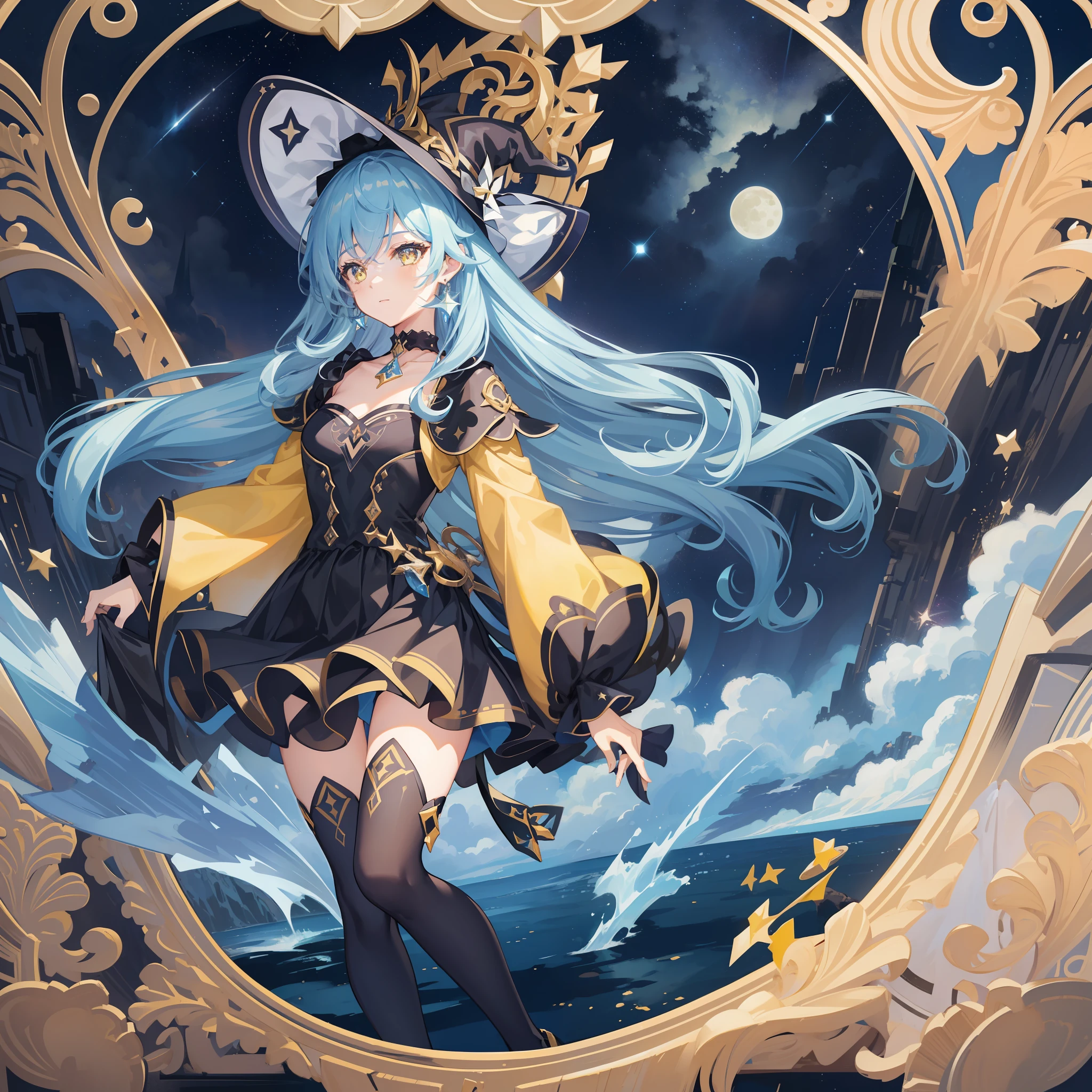 1girl, solo, 1girl, Laila \(Genshin Impact\), choker, hair between eyes, star \(symbol\), hat, long hair, curly hair, skirt, light blue hair, looking at the viewer, yellow eyes, shining eyes, earrings, jewelry, black dress, black shirt, black skirt, black stockings, witch, bangs, black shoes, landscape, night sky, star \(sky\), moon, starry sky, night, outdoor, clouds, reflection, water,  Magic, Tarot