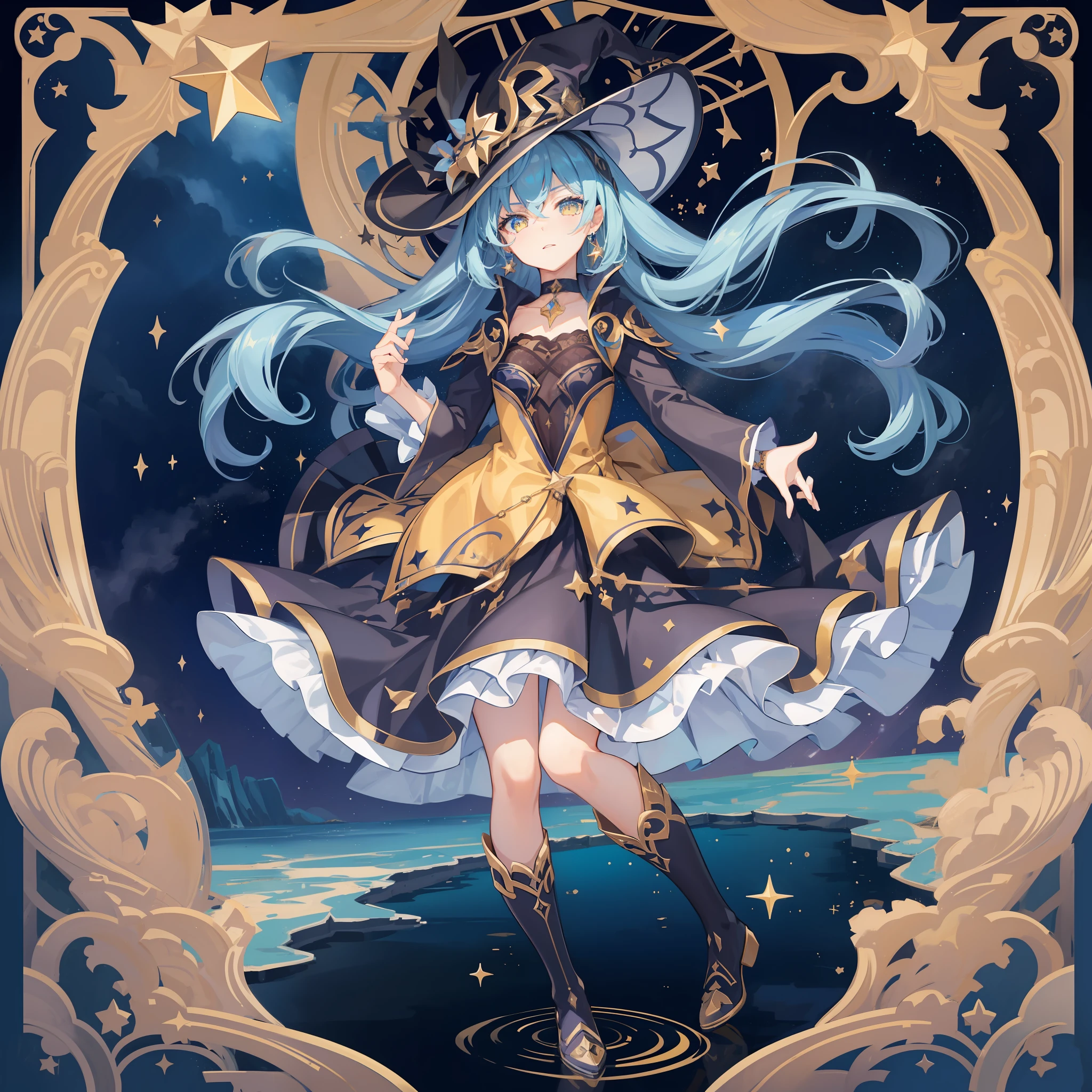 1girl, solo, 1girl, Laila \(Genshin Impact\), choker, hair between eyes, star \(symbol\), hat, long hair, curly hair, skirt, light blue hair, looking at the viewer, yellow eyes, shining eyes, earrings, jewelry, black dress, black shirt, black skirt, black stockings, witch, bangs, black shoes, landscape, night sky, star \(sky\), moon, starry sky, night, outdoor, clouds, reflection, water,  Magic, Tarot