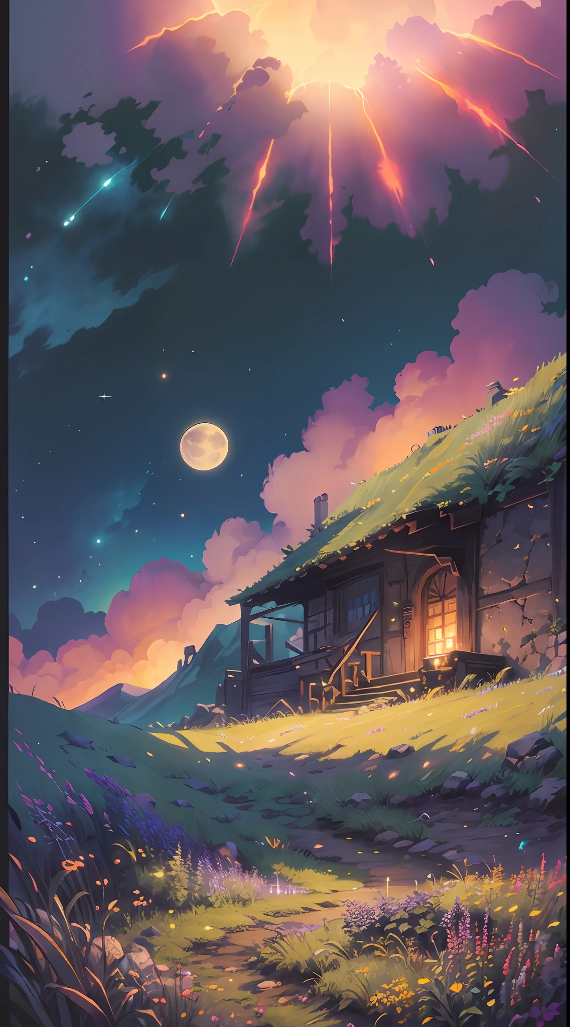 Vast landscape photo, (viewed from below, the sky is above and the open field is below), a girl standing on a flower field looking up, (full moon: 1.2), (meteor: 0.9), (nebula: 1.3), distant mountains , Trees BREAK Crafting Art, (Warm Light: 1.2), (Fireflies: 1.2), Lights, Lots of Purple and Orange, Intricate Details, Volumetric Lighting, Realism BREAK (Masterpiece: 1.2), (Best Quality), 4k, Ultra-Detailed, (Dynamic Composition: 1.4), Very Detailed, Colorful Details, (Rainbow Colors: 1.2), (Glow Lighting, Atmospheric Lighting), Dreamy, Magical, (Solo: 1.2)