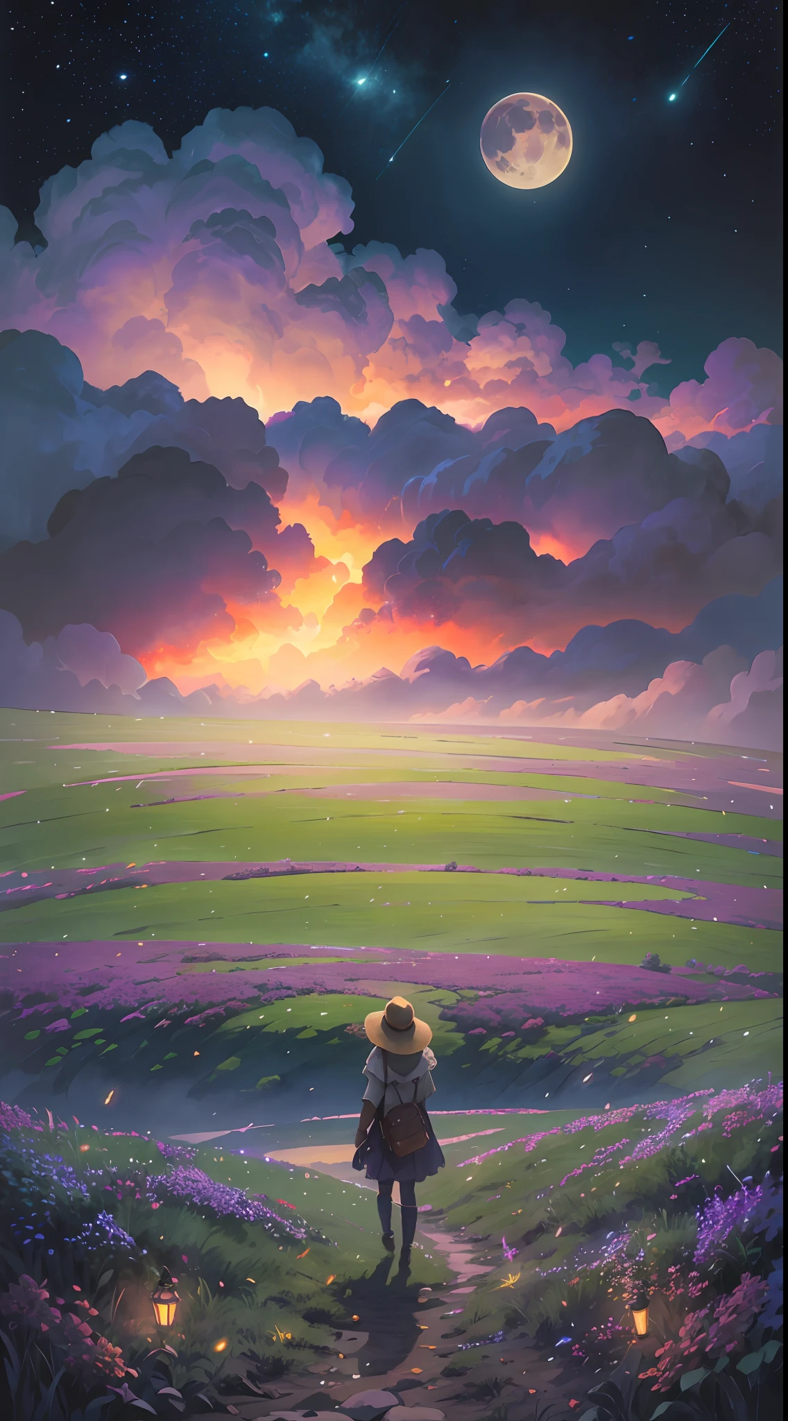 Vast landscape photo, (viewed from below, the sky is above and the open field is below), a girl standing on a flower field looking up, (full moon: 1.2), (meteor: 0.9), (nebula: 1.3), distant mountains , Trees BREAK Crafting Art, (Warm Light: 1.2), (Fireflies: 1.2), Lights, Lots of Purple and Orange, Intricate Details, Volumetric Lighting, Realism BREAK (Masterpiece: 1.2), (Best Quality), 4k, Ultra-Detailed, (Dynamic Composition: 1.4), Very Detailed, Colorful Details, (Rainbow Colors: 1.2), (Glow Lighting, Atmospheric Lighting), Dreamy, Magical, (Solo: 1.2)