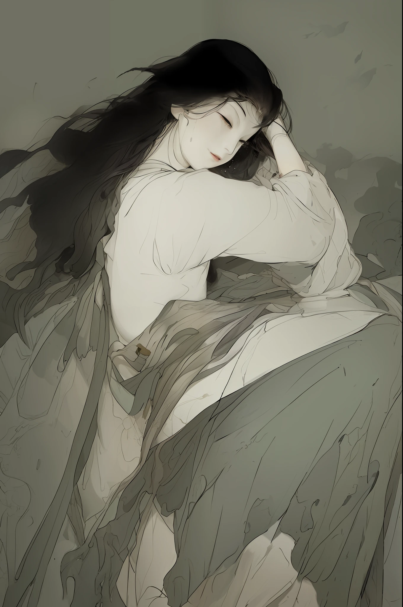 Black-haired god, white mask woman, red wedding dress, crying, close-up figure painting, gorgeous Guwiz style art, breathtaking epic character painting, Fan Qi, Yang J, Wu Zhun Shifan, etc., wonderful artistic journey on Guwiz Pixiv.