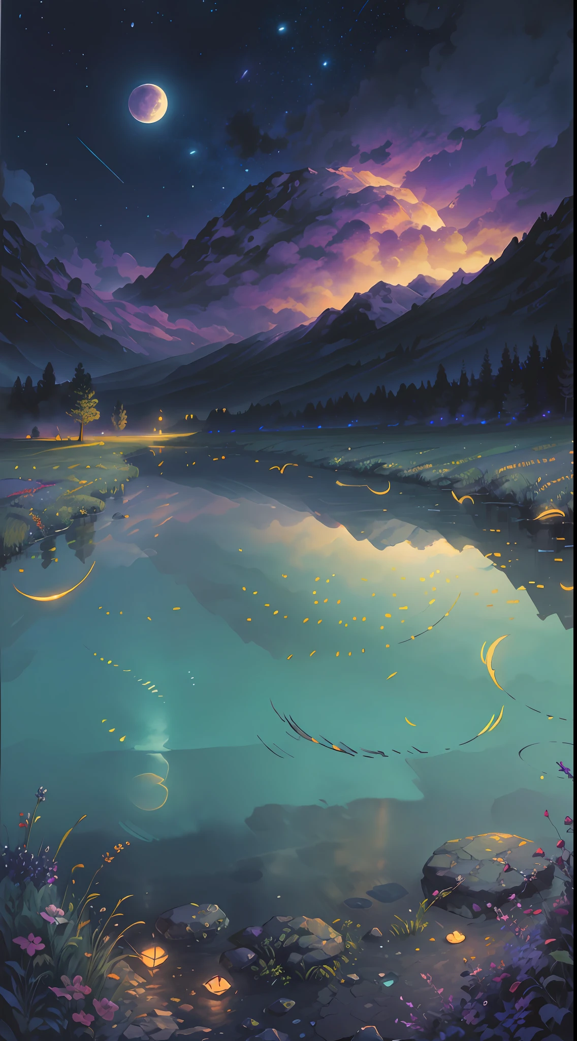 Vast landscape photo, (viewed from below, the sky is above and the open field is below), a girl standing on a flower field looking up, (full moon: 1.2), (meteor: 0.9), (nebula: 1.3), distant mountains , Trees BREAK Crafting Art, (Warm Light: 1.2), (Fireflies: 1.2), Lights, Lots of Purple and Orange, Intricate Details, Volumetric Lighting, Realism BREAK (Masterpiece: 1.2), (Best Quality), 4k, Ultra-Detailed, (Dynamic Composition: 1.4), Very Detailed, Colorful Details, (Rainbow Colors: 1.2), (Glow Lighting, Atmospheric Lighting), Dreamy, Magical, (Solo: 1.2)