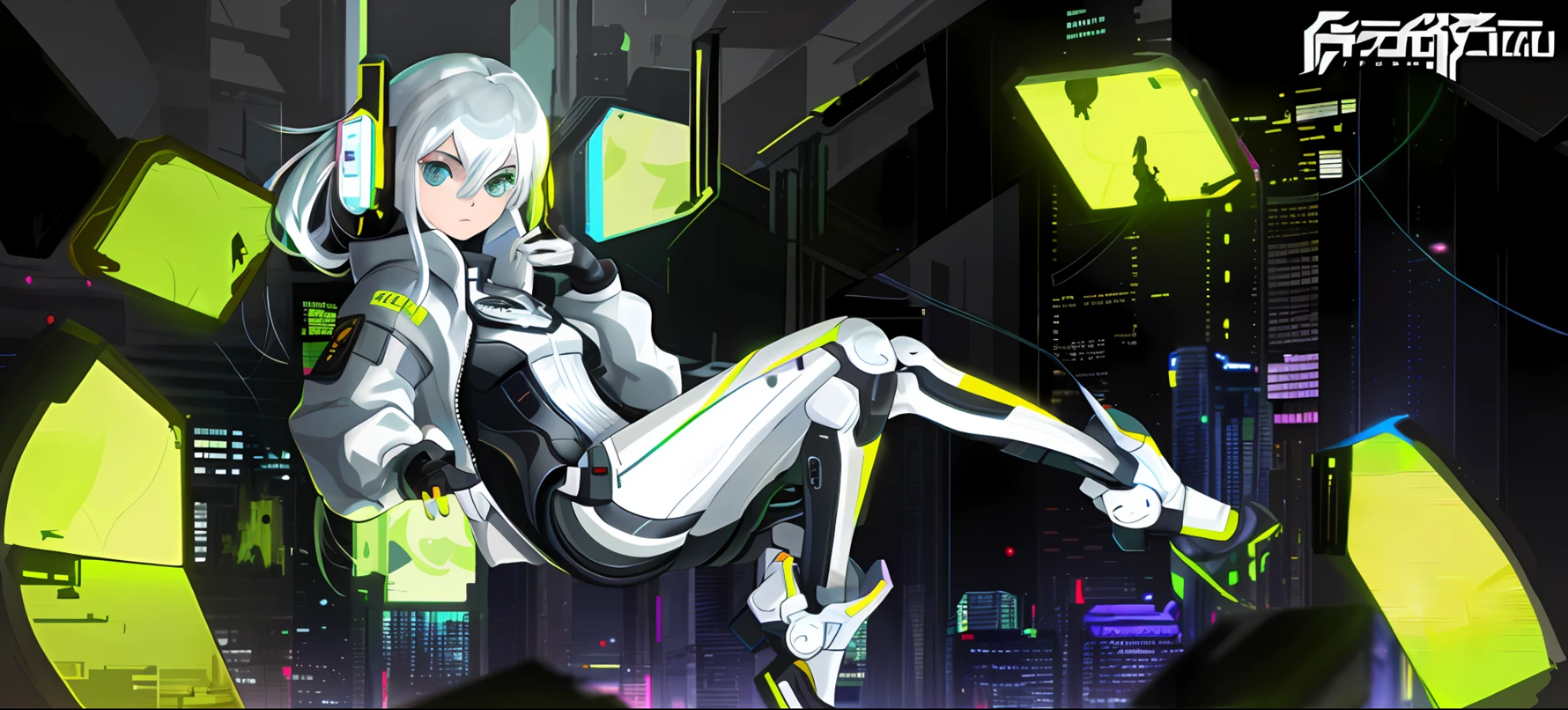Future City, cyberpunk style, a girl with white hair, masterpiece, ultra hd, masterpiece, masterpiece