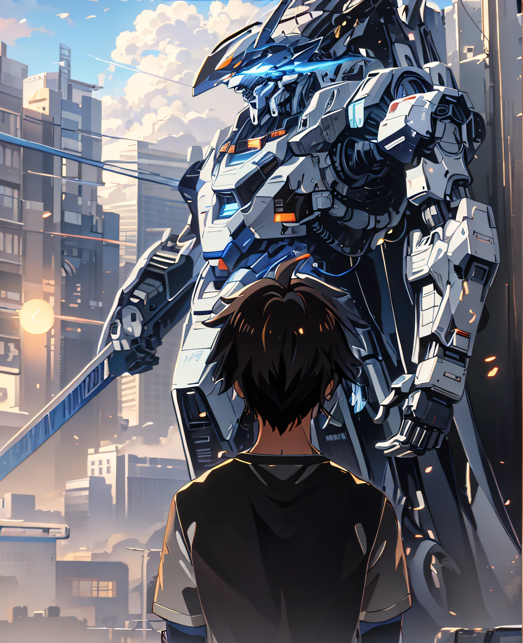 anime character looking at a giant robot in a city, anime mecha aesthetic, mecha asthetic, modern mecha anime, mecha anime, ethereal and mecha theme, cool mecha style, discarded mech in background, badass anime 8 k, 4k anime wallpaper, makoto shinkai and bioware, 4 k manga wallpaper, mecha art