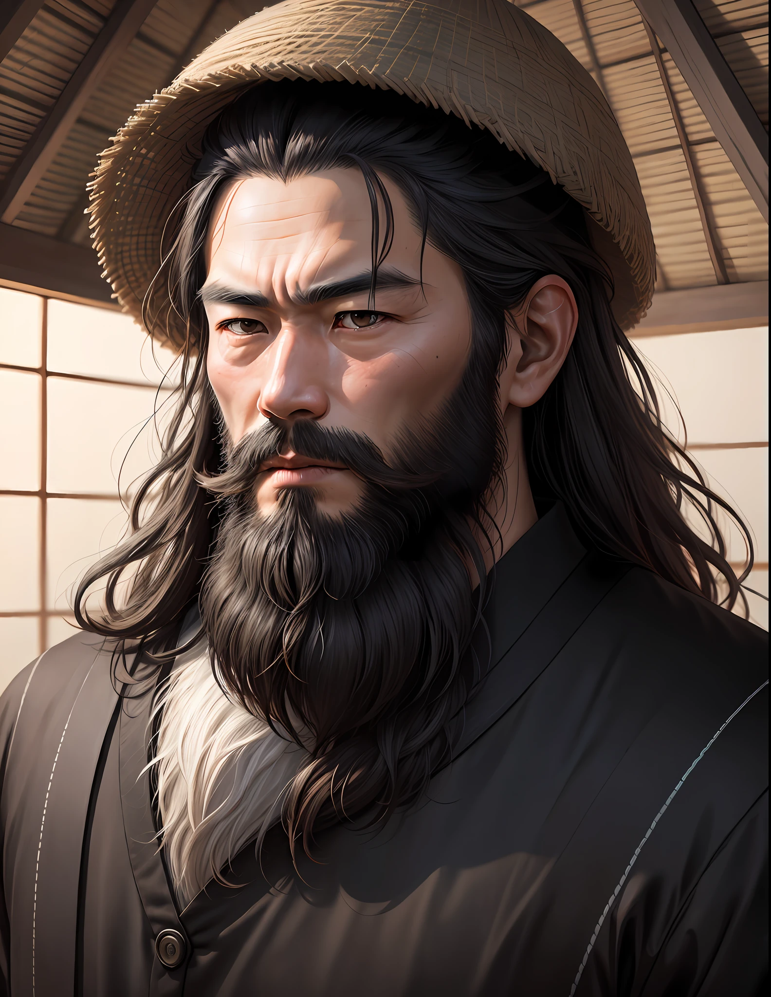 realistic photos of 1 Japanese man with beard, serious face, black clothes, in the hut, 8K high resolution, sharp and realistic details, masterpiece