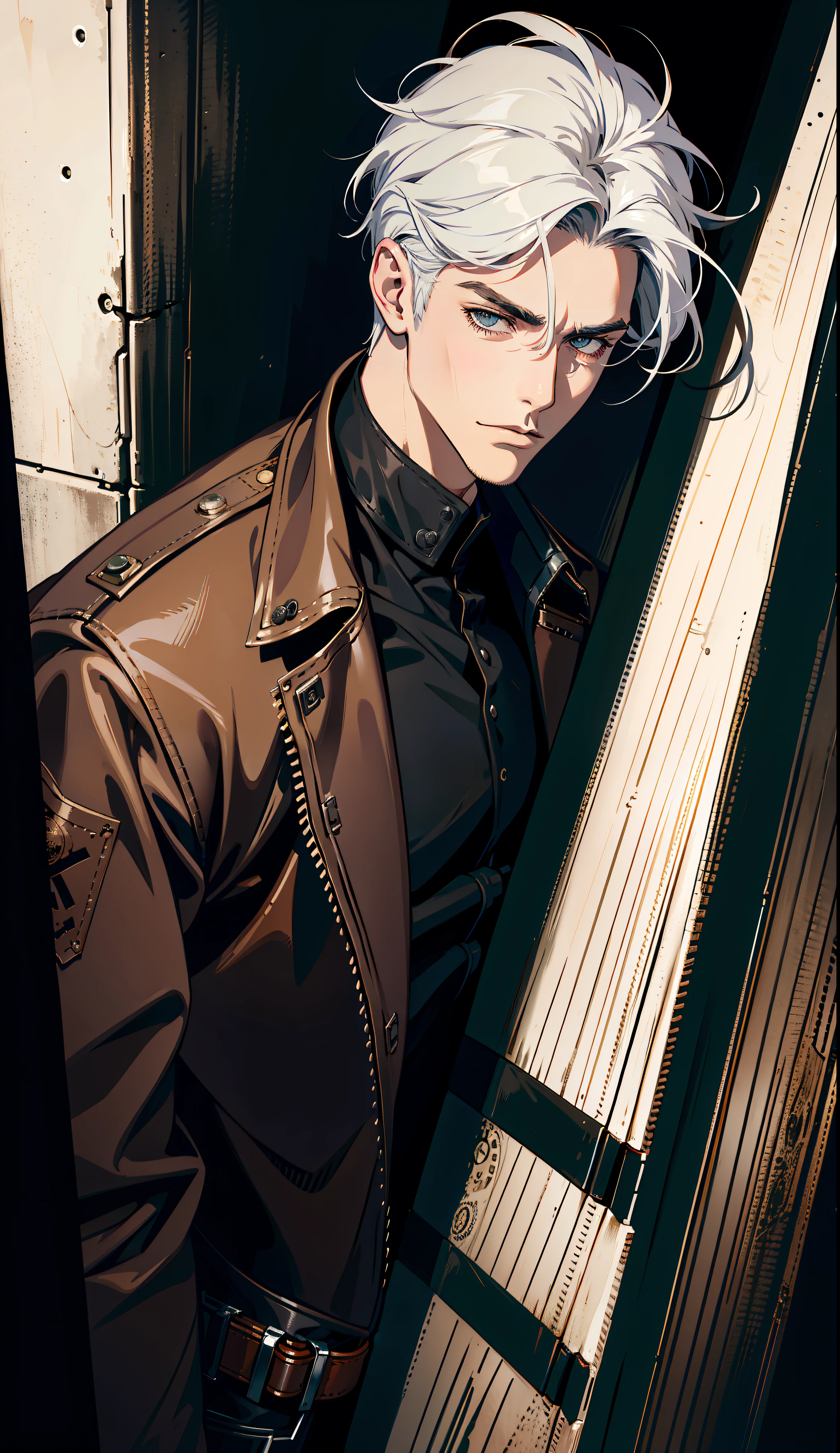 (absurd res, high res, ultra detailed), 1 male, adult, handsome, tall muscular guy, broad shoulders, white hair, finely detailed eyes, portrait, looking at viewer, solo, half shot, detailed background, detailed face, (steampunk industrial), smirk, renegade, rugged dark leather clothes, small leather pouch, high fantasy medieval setting, smuggler hideout background, stealth, undercover, (crates in background), shadows, fog, (dutch angle), closed mouth