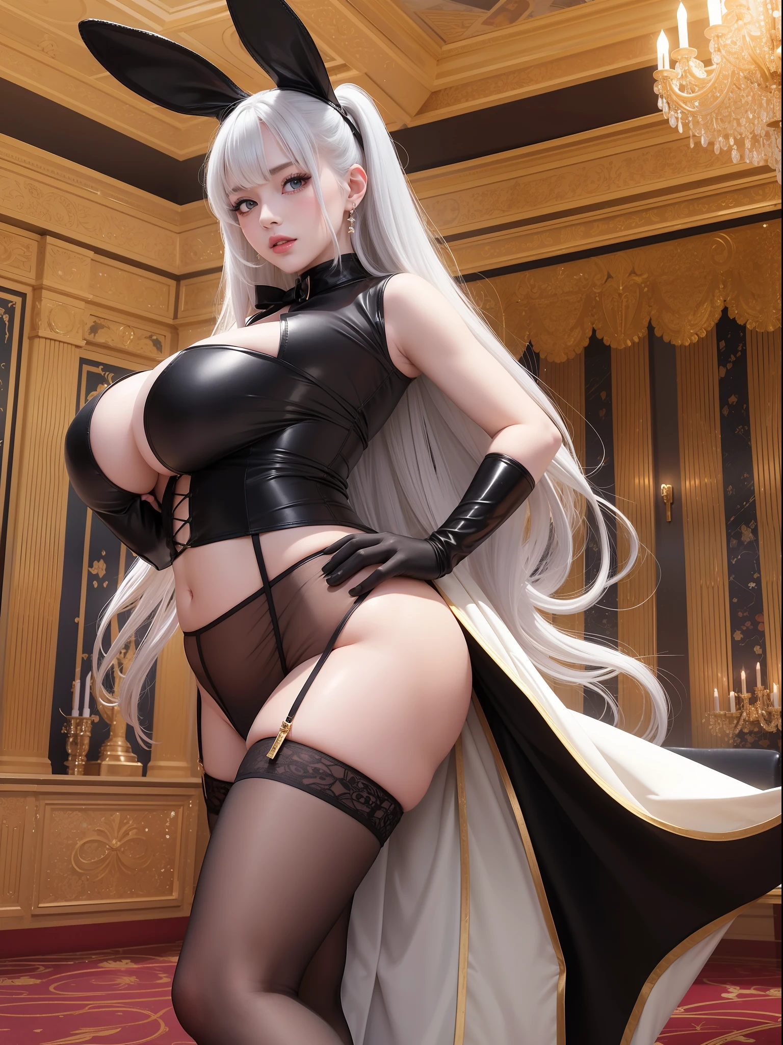 Beautiful hair anime girl, white underwear, art station, cute anime girl, cute anime girl portrait, cute anime girl, cute anime girl portrait, cute realistic portrait, cute girl anime visual, cute anime girl portrait, portrait anime girl, anime style portrait beautiful anime girl, full body, smile, (huge), navel, thin waist, (big hips), thighs, from below, cleavage, under boobs, shoulder off Sheer dress, big boobs, large breasts, saggy boobs, white back, casino bunny girl women are dressed in sexy and attractive outfits. They wear white tube tops over black leotards and black bow ties with rabbit ears and tails. They wear long black gloves, black stockings, and high-heeled pumps on their feet. The background of their portraits creates a glamorous and luxurious atmosphere. The golden and silver walls and ceilings are filled with sparkling crystal chandeliers, creating a glittering atmosphere of the casino. They are also surrounded by iconic casino items such as casino tables, slot machines, cards and chips. Their poses and facial expressions, with their confident smiles and sexy gazes, are elegant and attractive to attract casino customers.