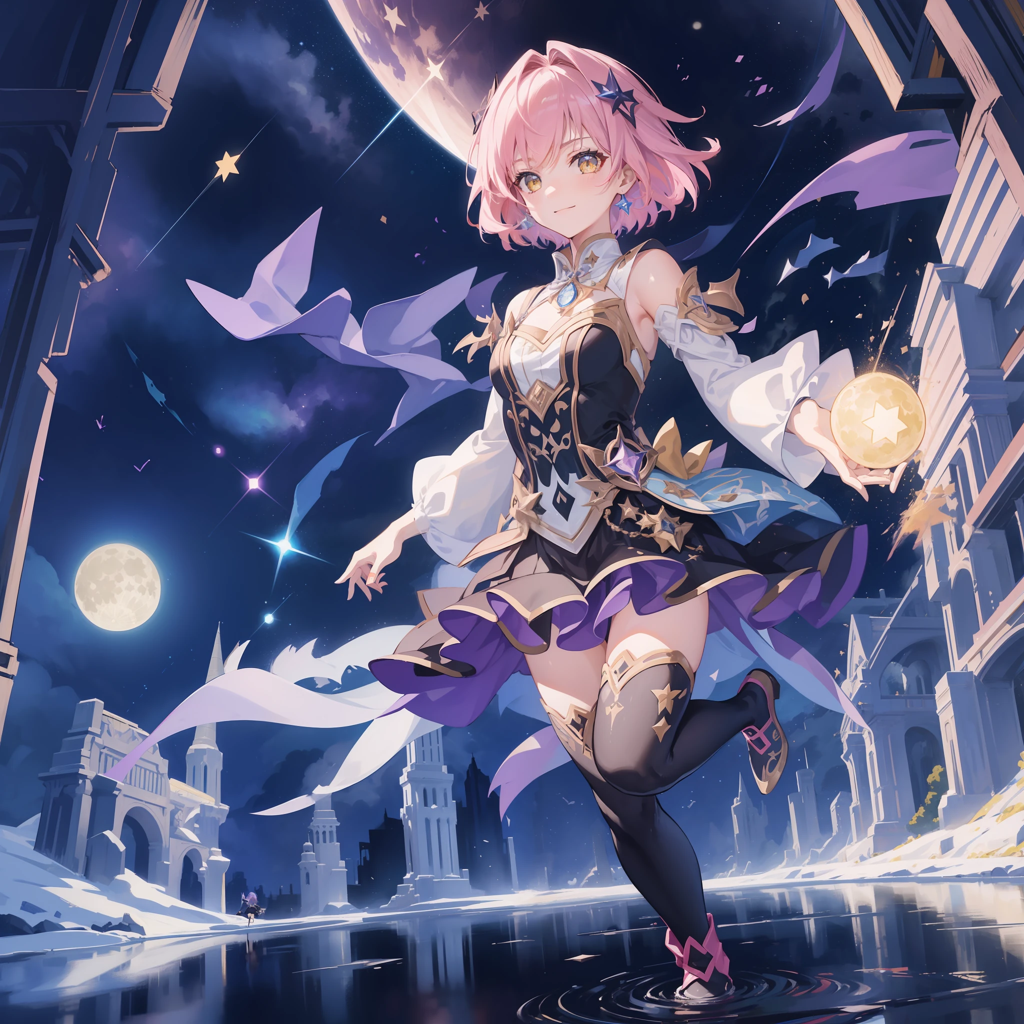 1girl, solo, Dori \(Genshin Impact\), star \(symbol\), pink hair, skirt, short hair, looking at the viewer, smile, cunning, yellow eyes, jewelry, black and purple costume, black stockings, witch, bangs, black shoes, landscape, night sky, star (sky\), moon, starry sky, night, outdoor, clouds, reflection, water, magic, tarot