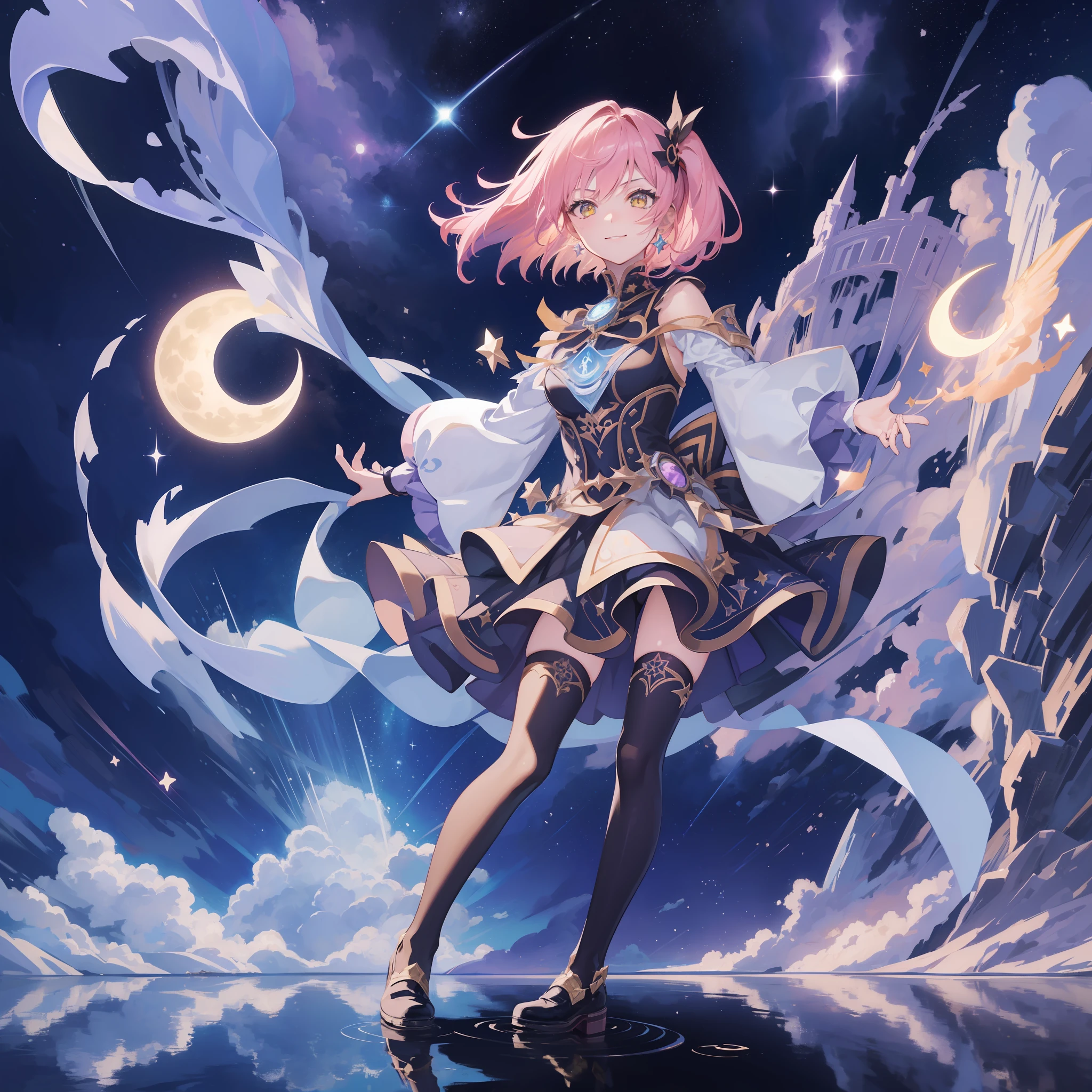 1girl, solo, Dori \(Genshin Impact\), star \(symbol\), pink hair, skirt, short hair, looking at the viewer, smile, cunning, yellow eyes, jewelry, black and purple costume, black stockings, witch, bangs, black shoes, landscape, night sky, star (sky\), moon, starry sky, night, outdoor, clouds, reflection, water, magic, tarot
