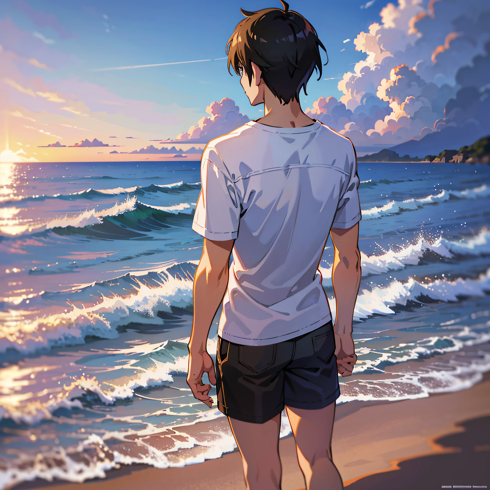 Ultra-fine illustration, anime - style photo of man standing on the beach looking at the sea, Makoto Shinkai art style, Makoto Shinkai style, Makoto Shinkai!!, Makoto Shinkai!, handsome anime pose, shoulder visible, Makoto Shinkai. Digital rendering, 4K manga wallpaper, Makoto Shinkai style, t-shirt, upper body, from behind --auto --s2
