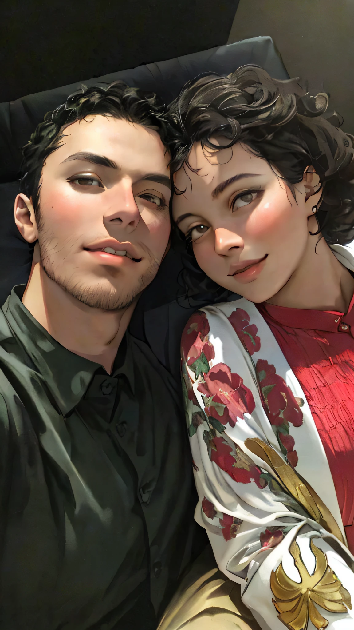 Romantic. passionate, happy facial expression. Woman with short black curly hair. and honey-colored eyes. good quality. Ultra quality. Film. elegant. I suggest detailed. dynamic pose. Color grading, realistic
