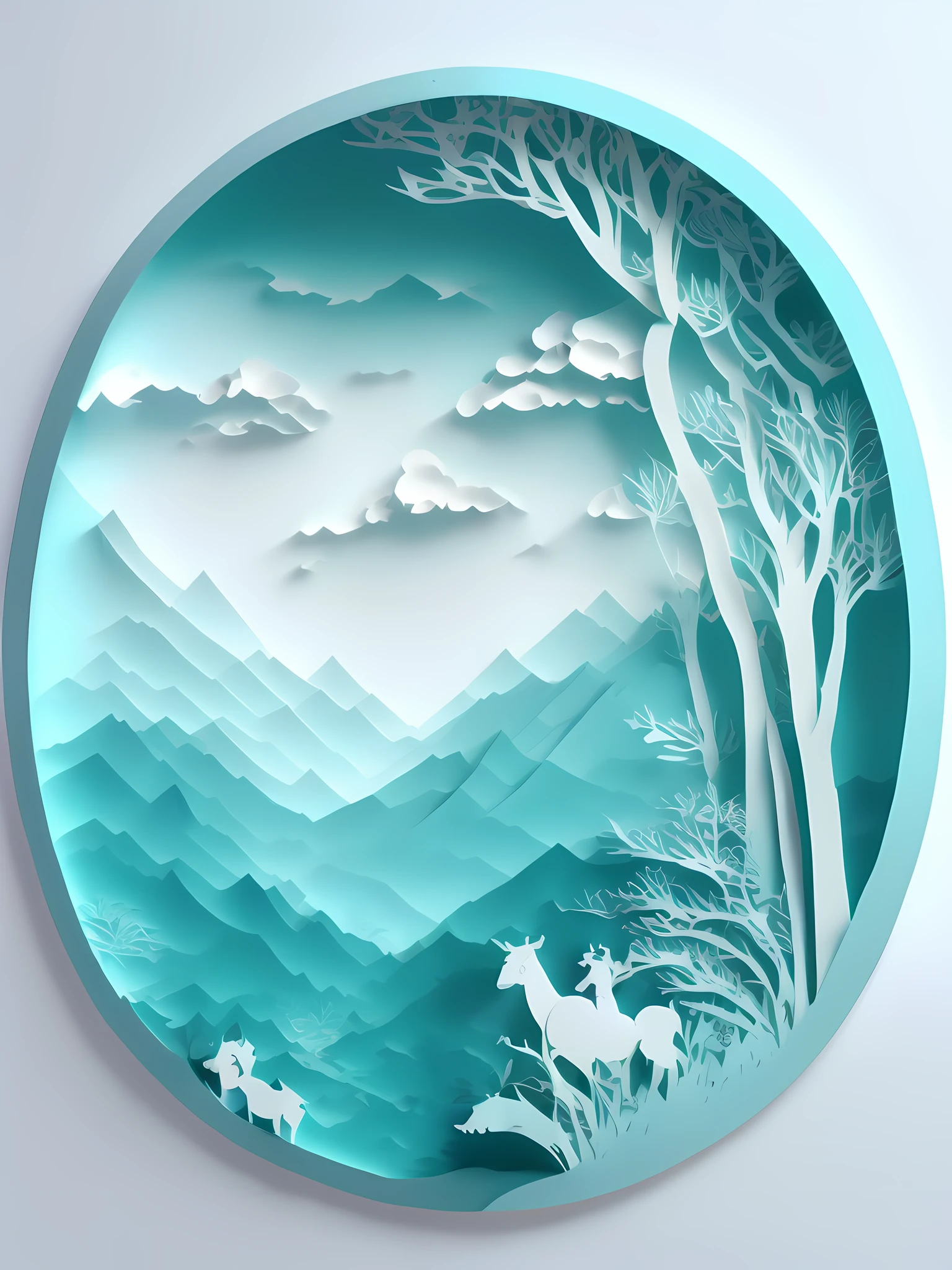 Chinese landscape illustration, three-dimensional paper cutting, paper carving, simple composition, light cyan color matching, 4K, 3D stereoscopic rendering, white background, canvas: center circle.