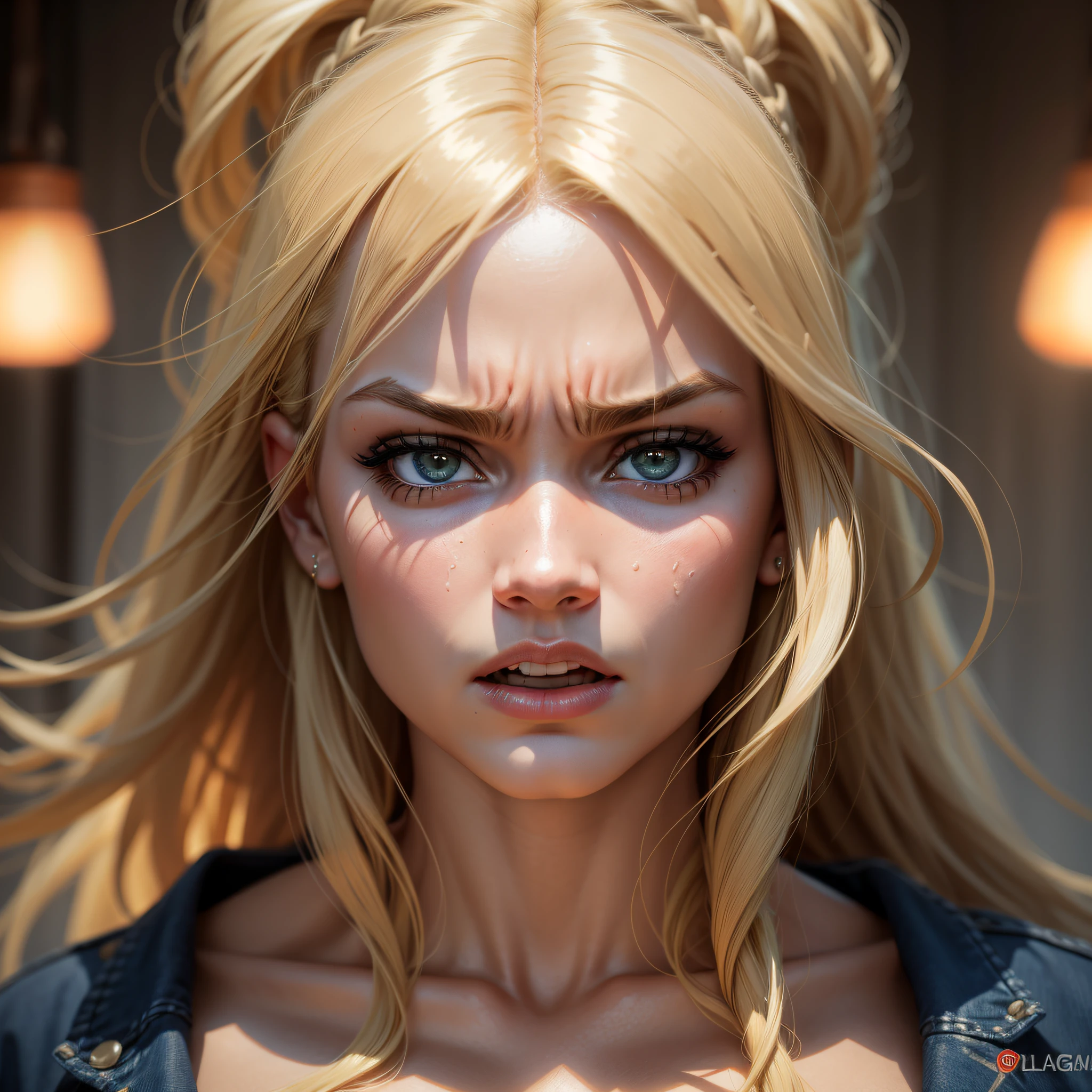1:1, front, blonde woman, with very angry expression, with great lighting, Brazilian, realistic, real life