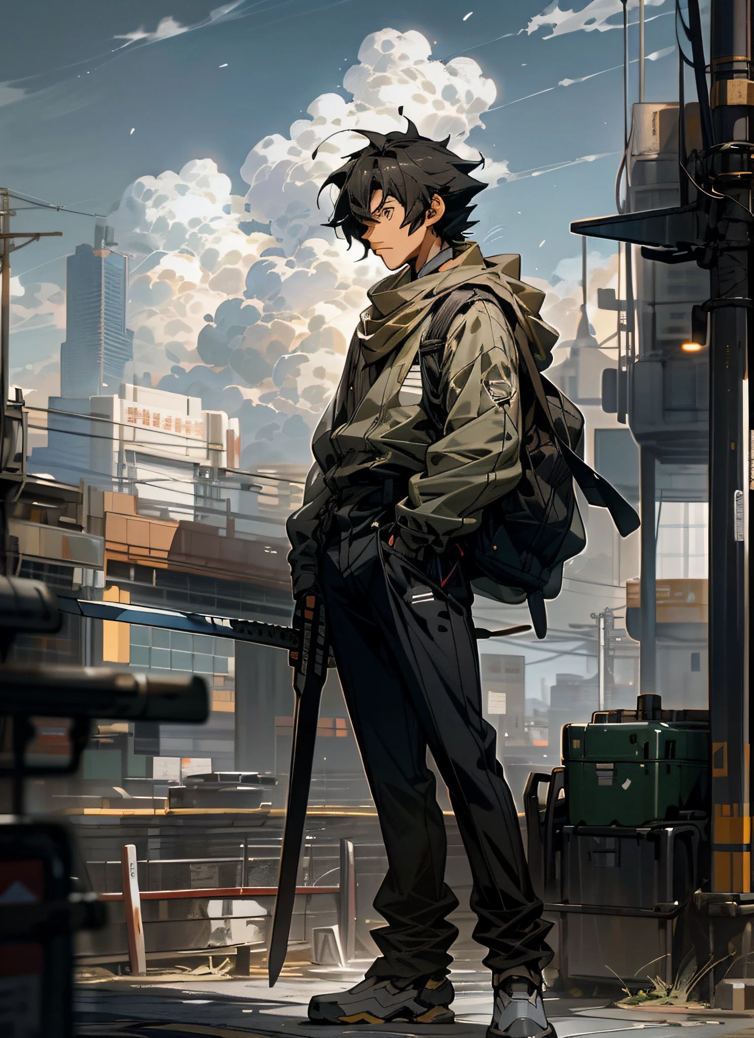 sky, clouds, holding_weapon, no_humans, glowing, , robot, building, glowing_eyes, mecha, science_fiction, city, realistic, mecha, brown military uniform anime old man with gray hair, 4k manga wallpaper, no text, Makoto Shinkai style, far away!!, far off, Makoto Shinkai. Digital rendering, Makoto Shinkai art style, shoulder visible, Gwise and Makoto Shinkai, full body view in the distance, old man, old man, first age, short hair