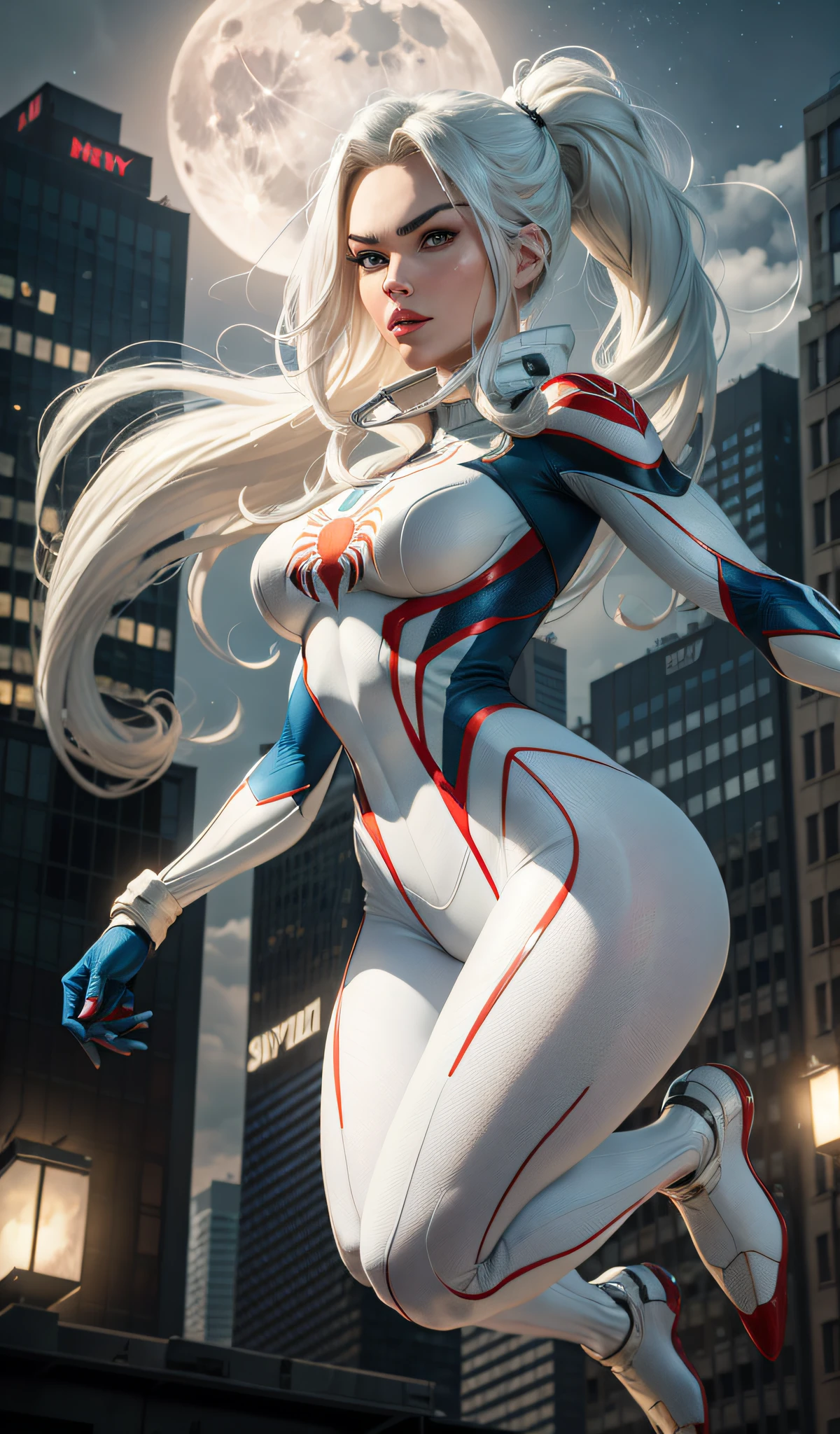 Megan Fox (Masterpiece, 4k resolution, ultra-realistic, very detailed), (White superhero theme, charismatic, there's a girl at the top of town, wearing Spider-Man costume, she's a superhero), [ ((25 years), (long white hair:1.2), full body, (blue eyes:1.2), ((Spider-Man pose),show of strength, jump from one building to another), ((sandy urban environment):0.8)| (cityscape, at night, dynamic lights), (full moon))] # Explanation: The Prompt mainly describes a 4K painting of ultra-high definition, very realistic, very detailed. It shows a superheroine at the top of the city, wearing a Spider-Man costume. The theme in the painting is a white superhero theme, the female protagonist has long white hair, is 25 years old and her entire body is shown in the painting. In terms of portraying the actions of superheroines, spiders are employed