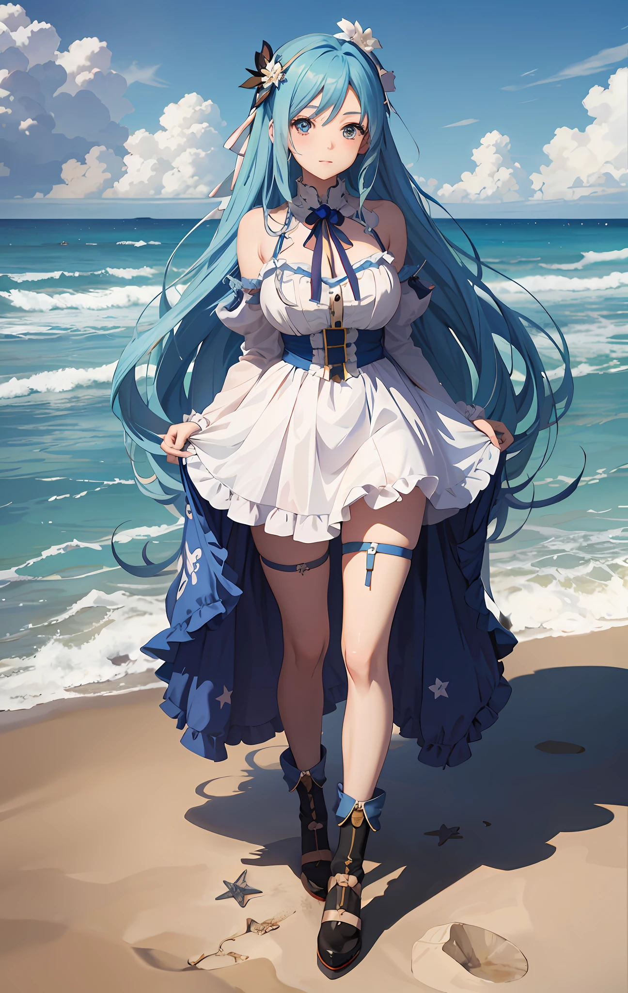 Anime girl with blue hair and blue dress on the beach, beautiful face in KPOP idol style, anime girl cosplay, cute anime waifu in nice dress, little curvaceous , anime goddess, Azure lane style, Hatsune Miku cosplay, lolidress, anime girl with long hair, anime woman full body art, anime style 4K, Trending on Art Station pixiv