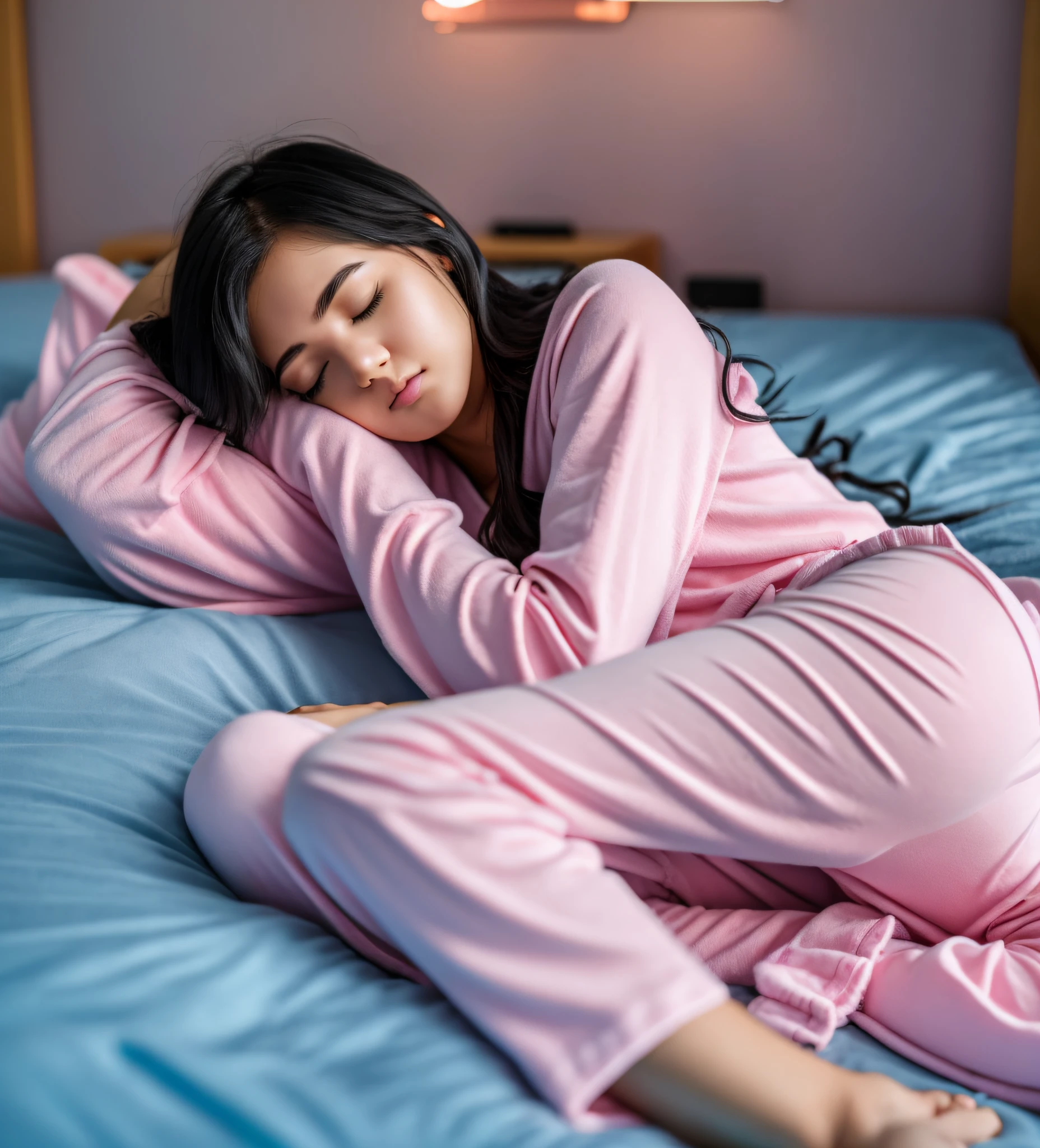 Sleeping girl, 22 years old, realistic, she is wearing long pants, pink pajamas, black hair, lying on a solid blue bed --auto --s2