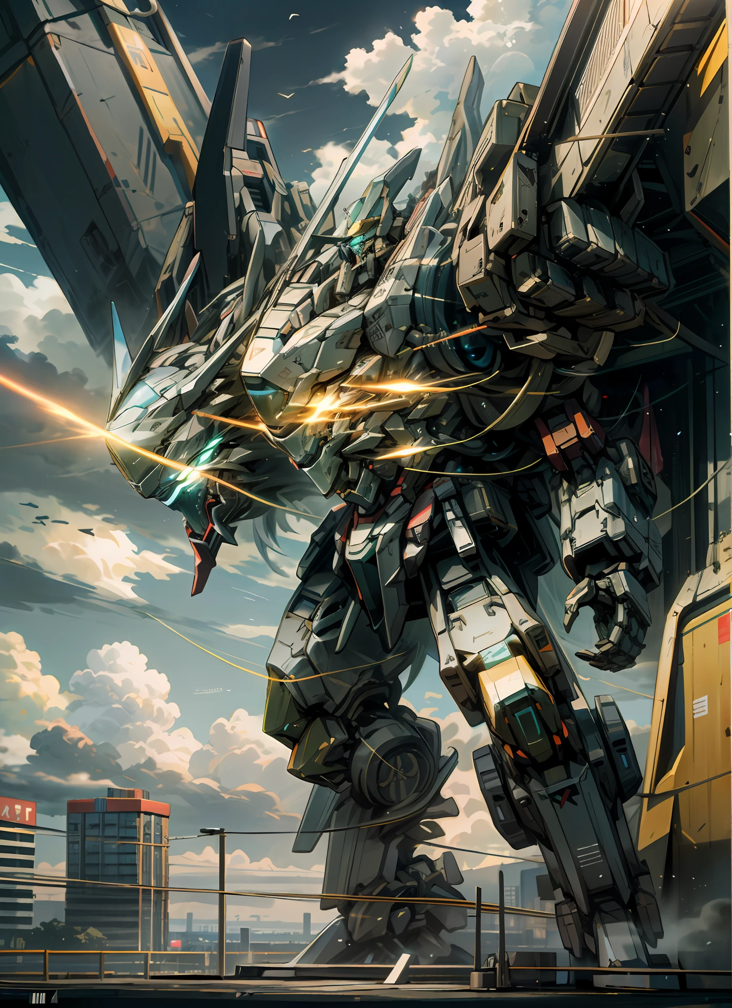 sky, cloud, holding_weapon, no_humans, glowing, , robot, building, glowing_eyes, mecha, science_fiction, city, realistic,mecha