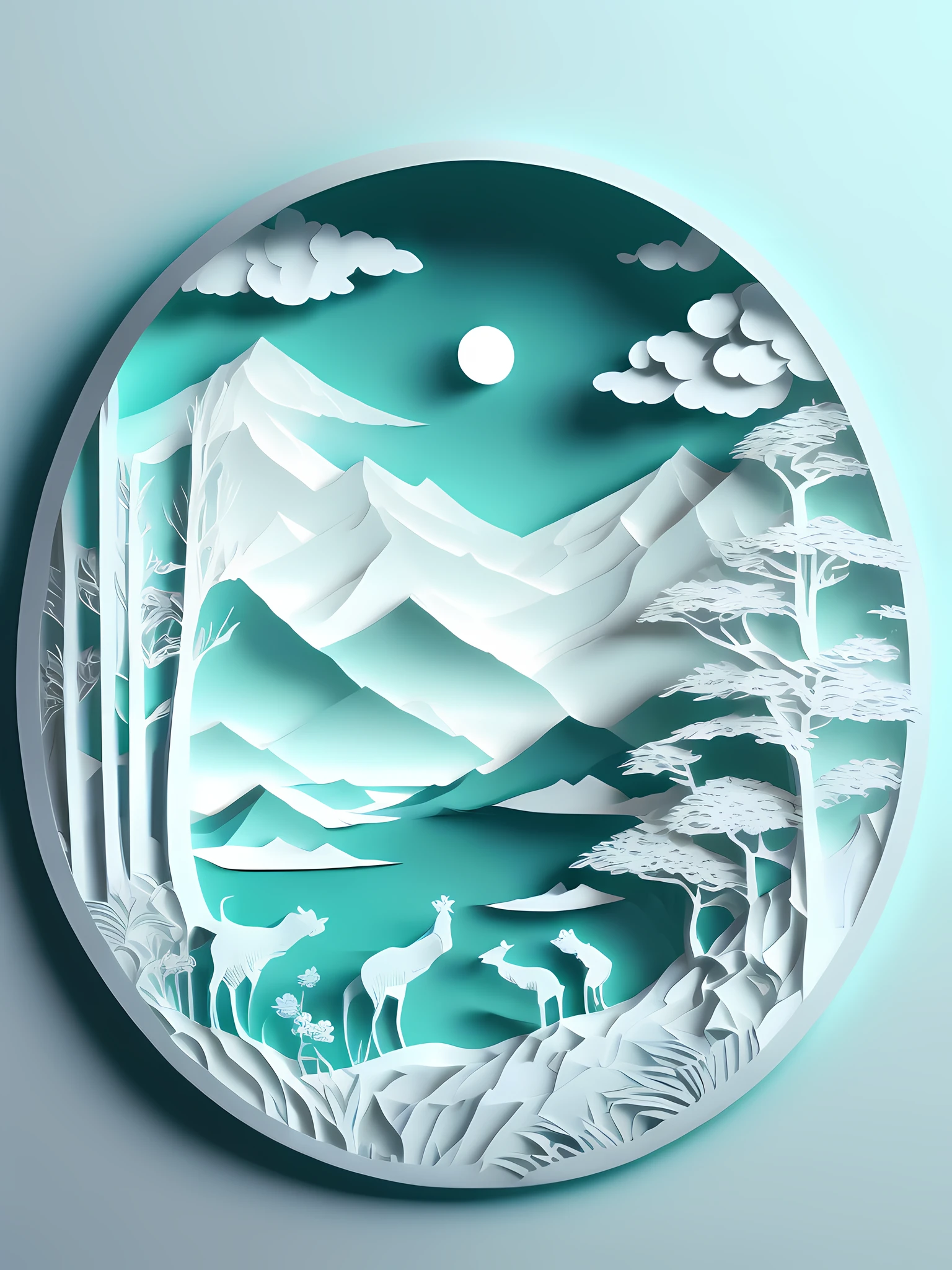 Chinese landscape illustration, three-dimensional paper cutting, paper carving, simple composition, white light cyan gradient color matching, 4K, 3D stereoscopic rendering, white background, canvas: center circle.