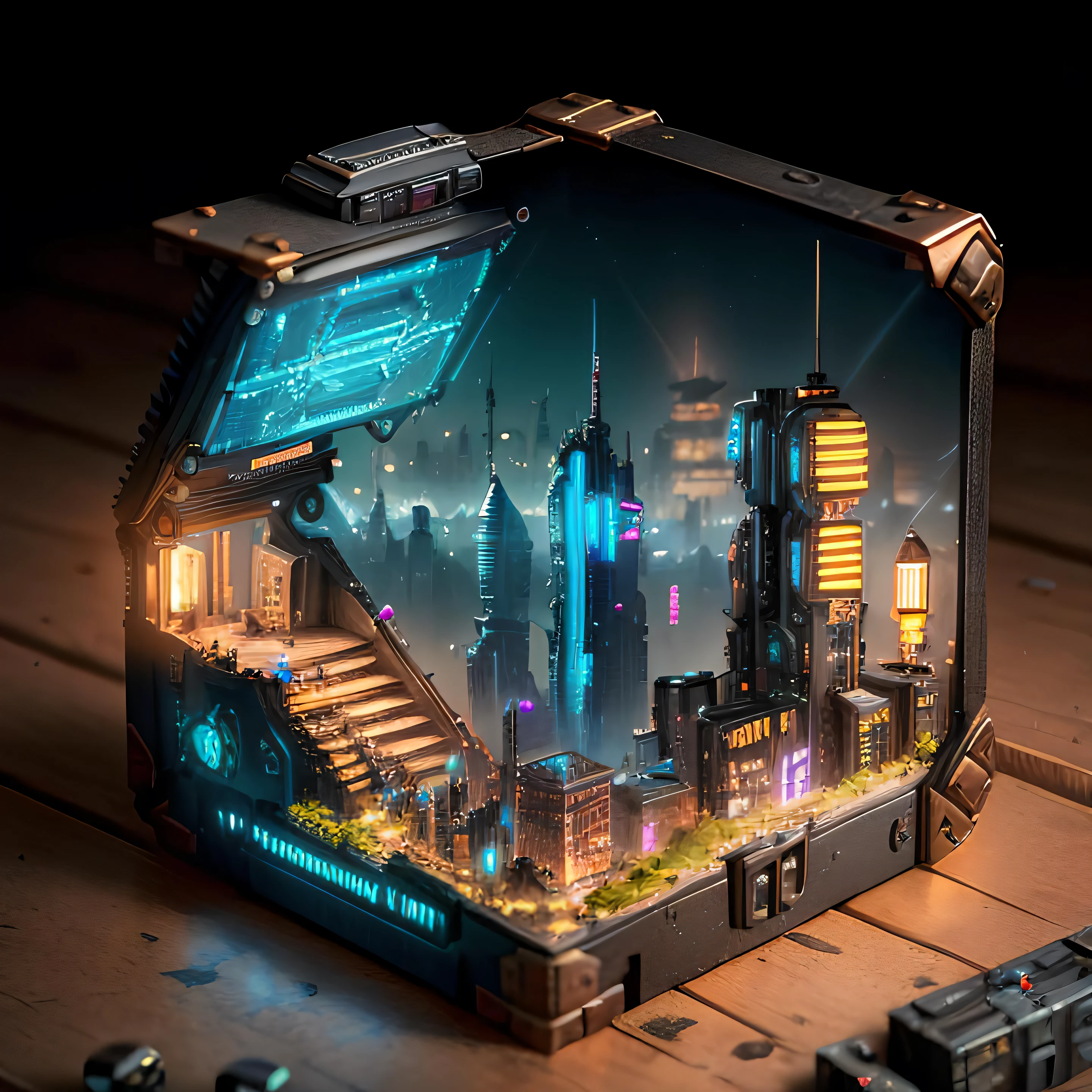 mini\(ttp\), (8k, RAW photo, best quality, masterpiece:1.4),steampunkcyberpunk city,(cyberpunk light:1.3),on desk,horizon (related to land),(in a miniature box:1.3),isometric, miniature, landscape on foundation,landscape,