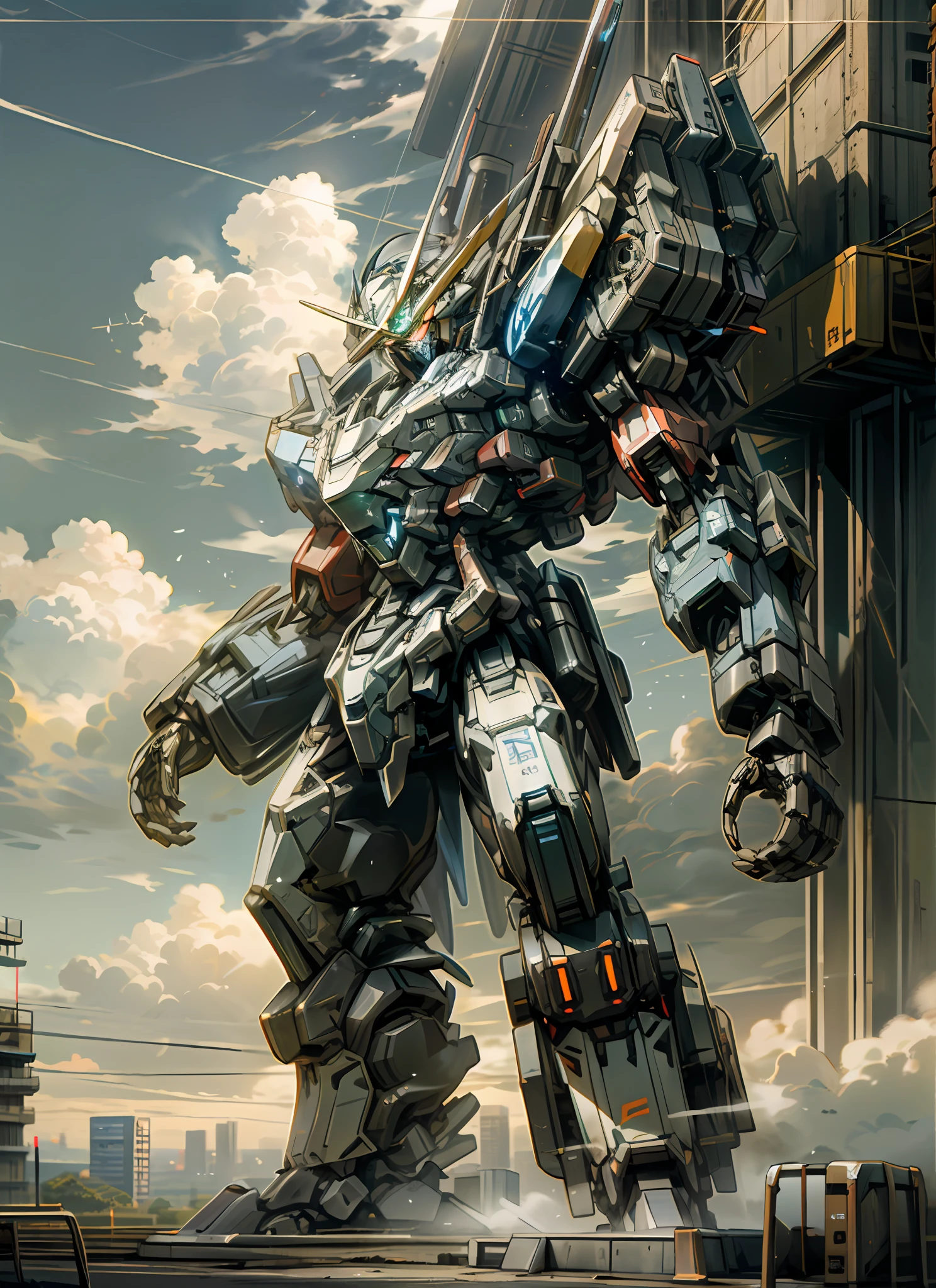sky, cloud, holding_weapon, no_humans, glowing, , robot, building, glowing_eyes, mecha, science_fiction, city, realistic,mecha