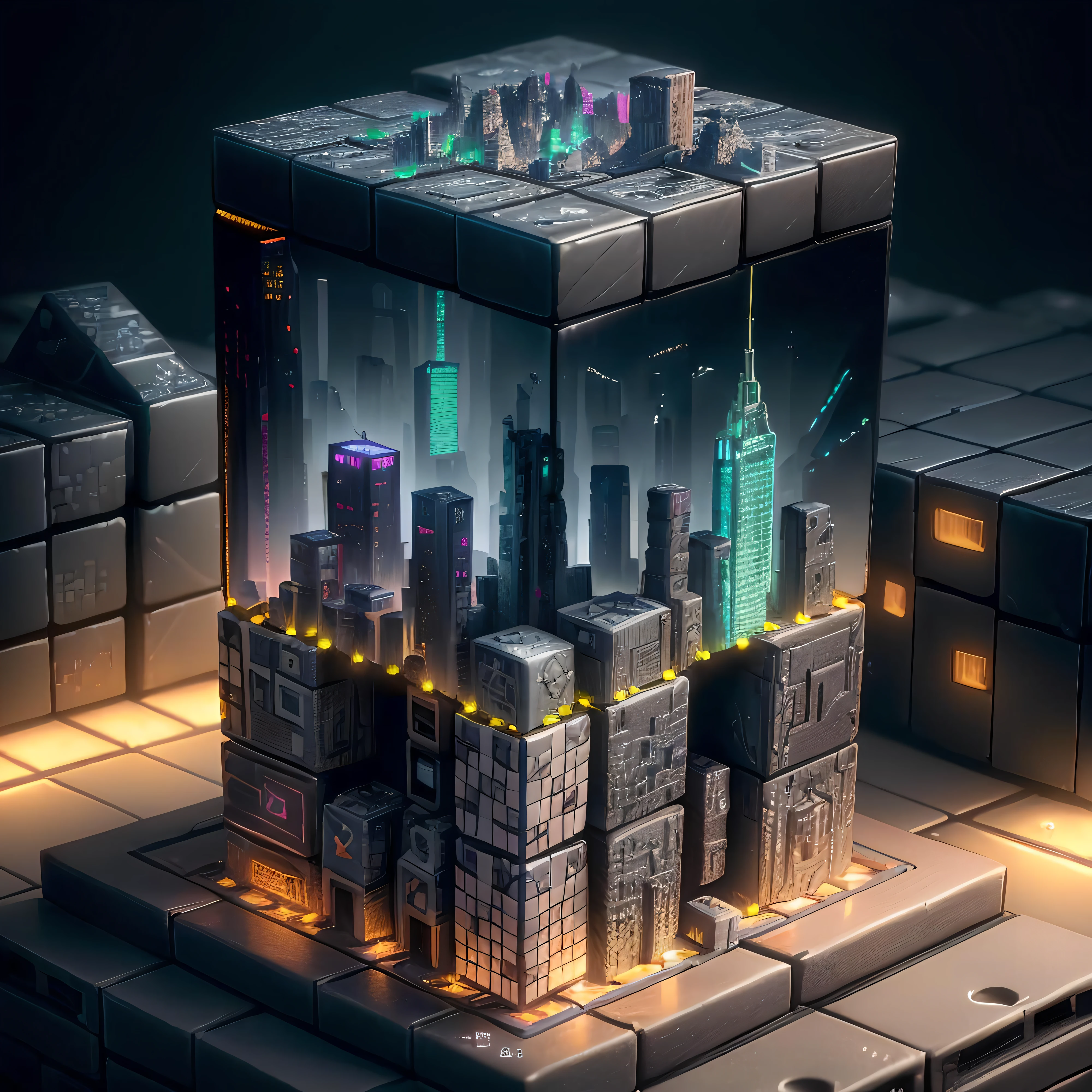 mini\(ttp\), (8k, RAW photo, best quality, Perfect detail,masterpiece:1.5),(one Huge block cube structure:0.8),(block cube city:1.5),(skeleton:0.9),(cyberpunk light:1.3),(neon:0.9),(in a miniature box:1.3),isometric, miniature, landscape on foundation,landscape,