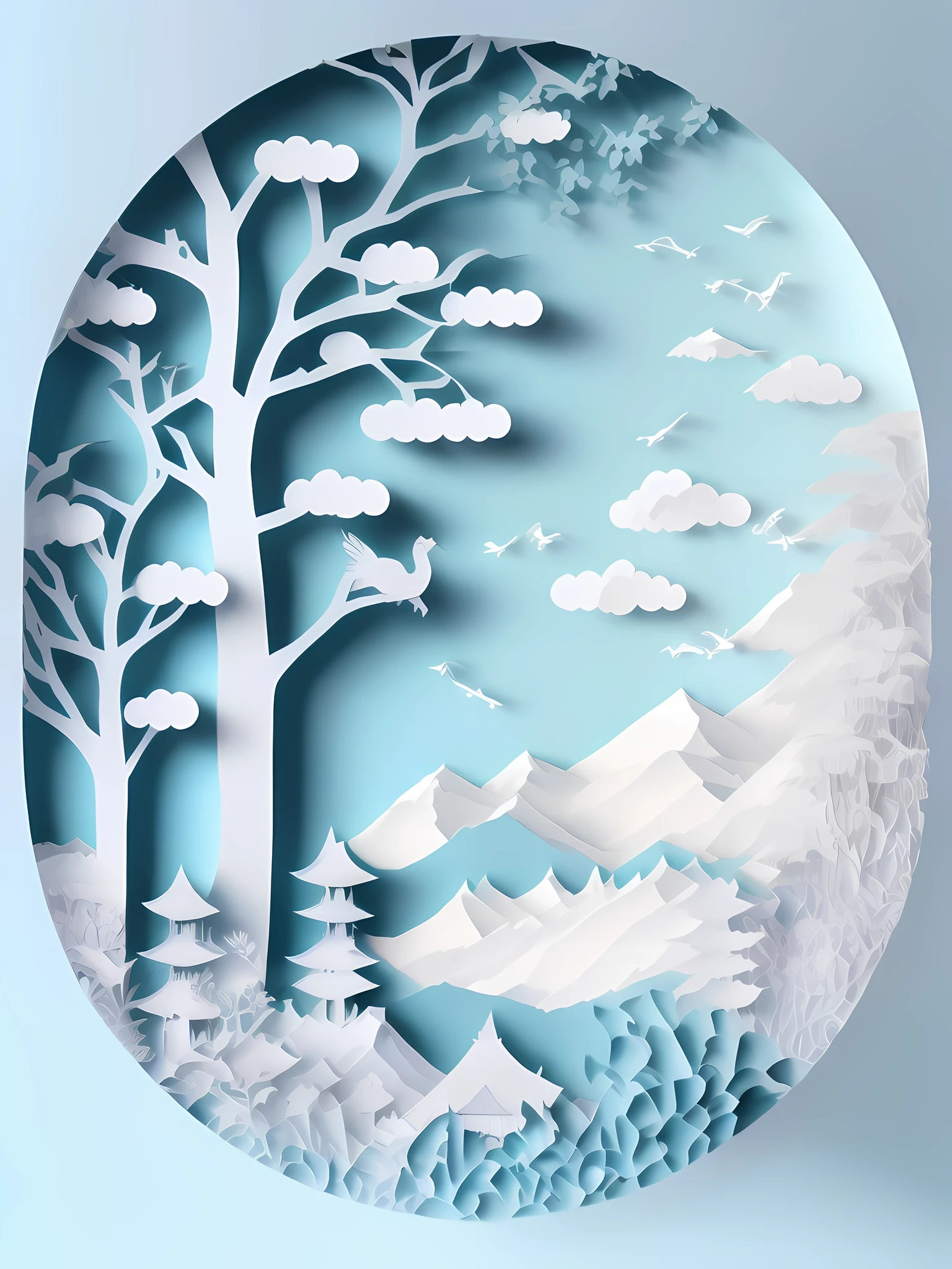 Chinese landscape illustration, three-dimensional paper cutting, paper carving, simple composition, white light blue gradient color matching, 4K, 3D stereoscopic rendering, white background, canvas: center circle.
