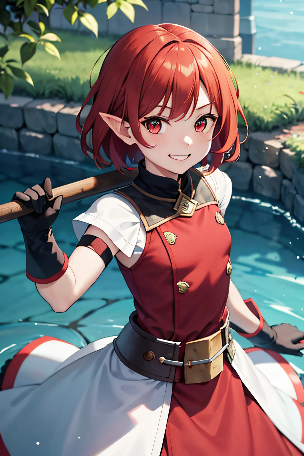 (Pretty girl: 1.45), red_eyes,pointy_ears, short_hair,Redhead,red_hair, Solo, Sleeveless, short_sleeves, puffy_sleeves, puffy_short_sleeves, brown_jacket, Dwarf, Redhead, Smile, Bangs, Grinning, Small breasts, Sunlight, rays, Blacksmithing, Gloves, Hammer, cumulpromo hair cells, slender waist, depth of field, lots of water droplets, leather armor, branches, angles, deepened contours, cinematic angles, {{Classic decorative border}}}