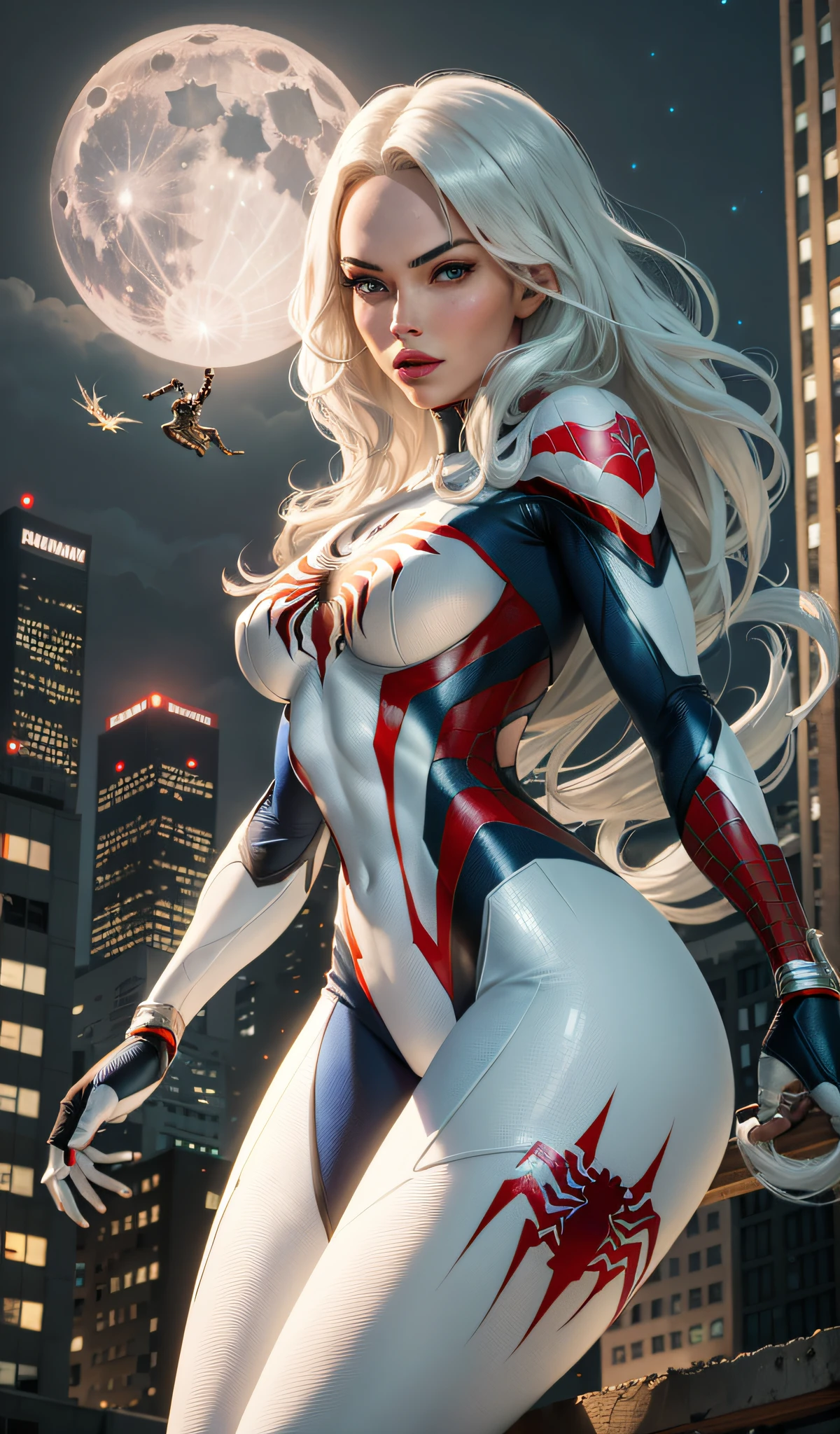 Megan Fox (Masterpiece, 4k resolution, ultra-realistic, very detailed), (White superhero theme, charismatic, there's a girl at the top of town, wearing Spider-Man costume, she's a superhero), [ ((25 years), (long white hair:1.2), full body, (blue eyes:1.2), ((Spider-Man pose),show of strength, jump from one building to another), ((sandy urban environment):0.8)| (cityscape, at night, dynamic lights), (full moon))] # Explanation: The Prompt mainly describes a 4K painting of ultra-high definition, very realistic, very detailed. It shows a superheroine at the top of the city, wearing a Spider-Man costume. The theme in the painting is a white superhero theme, the female protagonist has long white hair, is 25 years old and her entire body is shown in the painting. In terms of portraying the actions of superheroines, spiders are employed