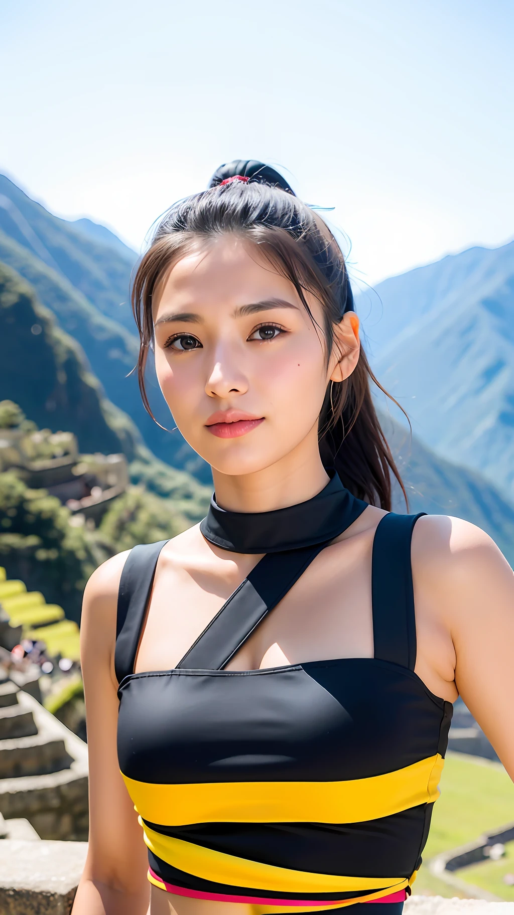 masterpiece, best quality, a perfect face, 1girl, high ponytail, black hair, wearing a colorful Pollera, at Machu Picchu, realistic, photorealisitc, close shot, 8k, taken by a nikon camera