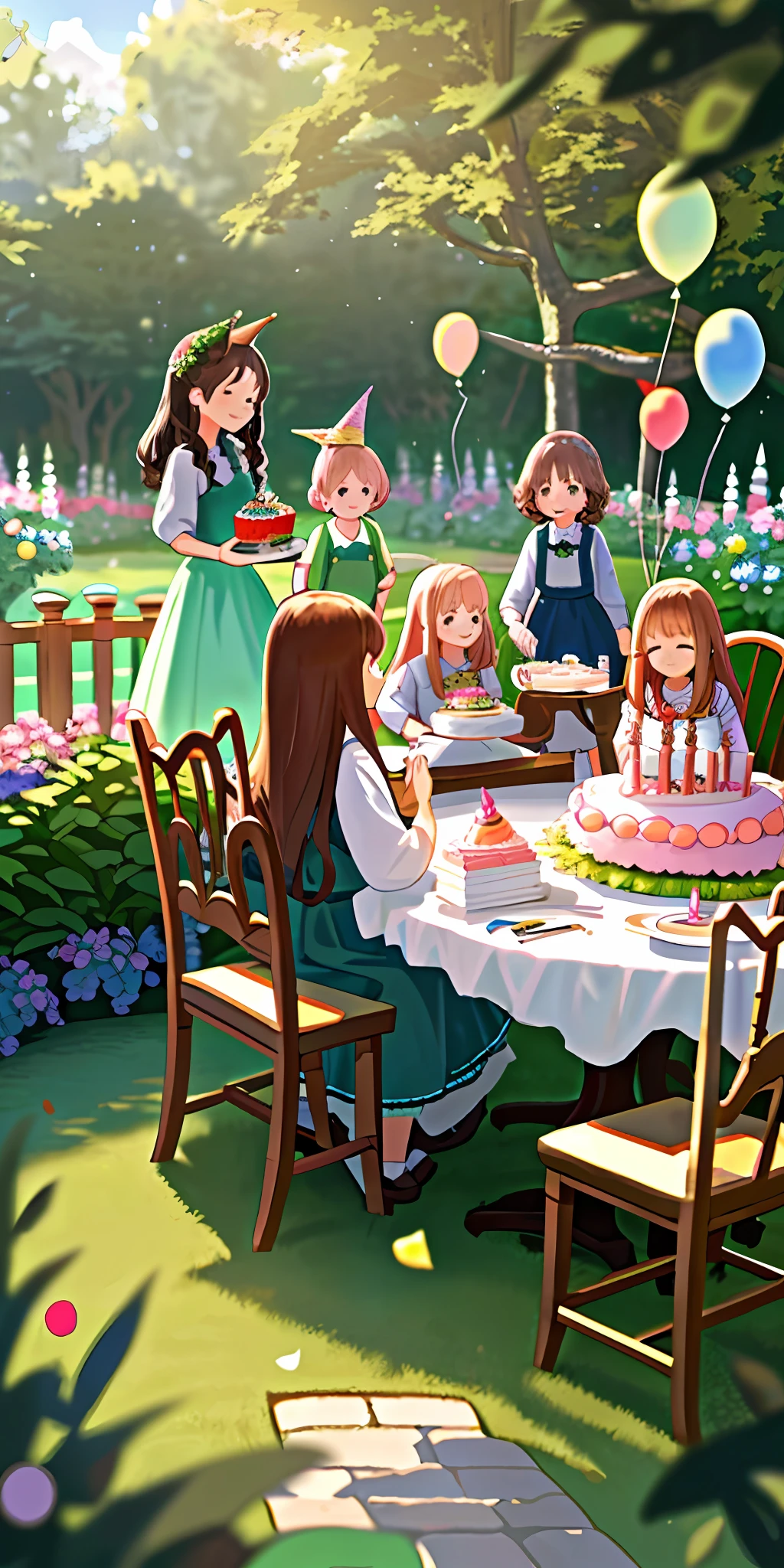 (Masterpiece, Best Quality), High Detail, Ultra Detail, 8K, Ultra High Resolution A group of cute and innocent girls, children, toddlers, five cute s, sitting together, holding a birthday party, a big cake on the middle round table, girls sitting in the garden of greenery and flowers, mom and dad laughing around them, balloons floating in the sky, blurred foreground, (little girl party)