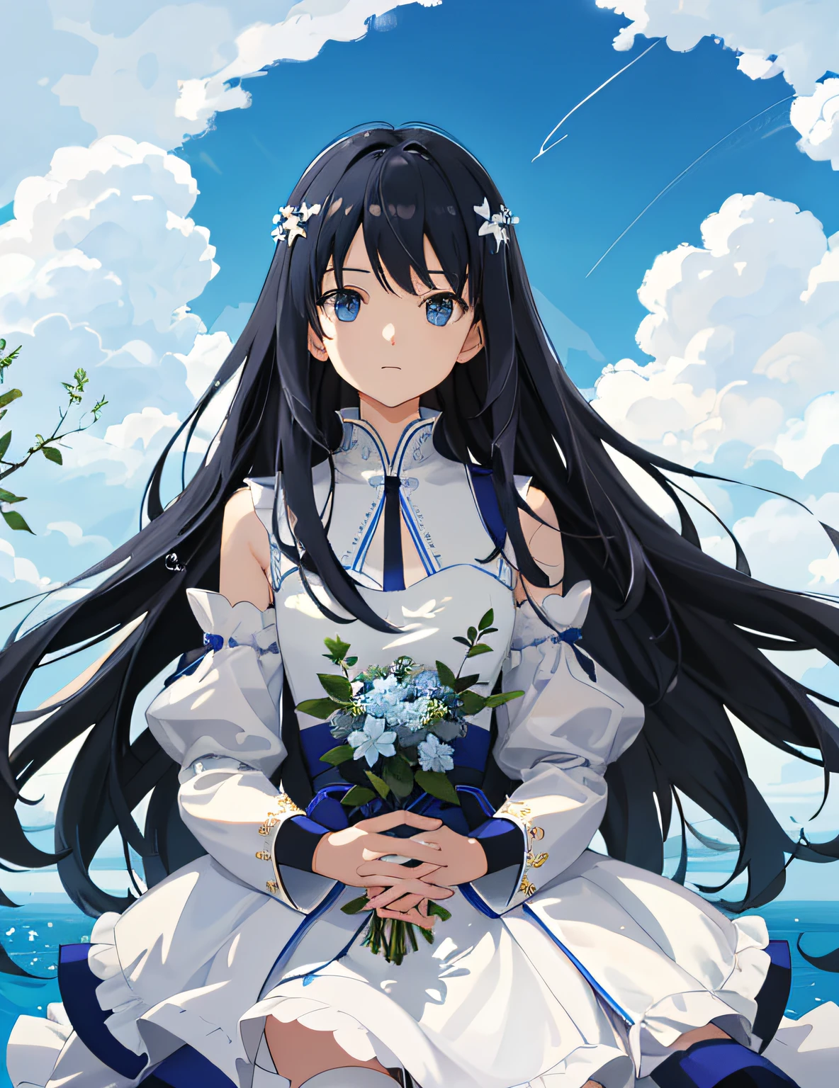 (Cute girl: 1.45), ultra-fine illustration, blue sky, shooting star, whole body, looking at the sky, white dress windy, summer, dry earth, beautiful sky, thin outline, reflection of light, ultra-fine illustration, masterpiece, highest quality, {details beautiful girl, depth of field, 4k wallpaper, blue sky, cumulus, wind, saint, priest, highly detailed lace, blue sky, very long hair, mouth slightly open, black hair, small breasts, cumulonimbus hair cells , slender waist, depth of field, lots of water droplets, upper body exposed, leafy, branches, angles, contours deepened, cinematic angle, {{Classic decorative border}}}