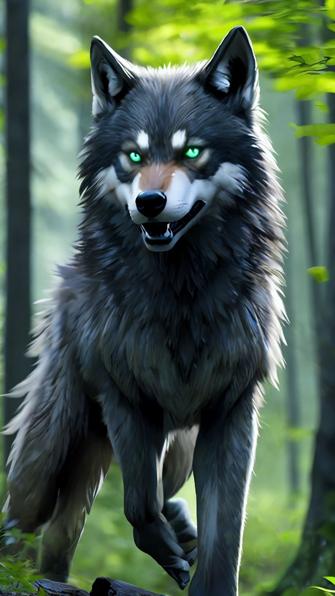 fking_scifi_v2, werecreature, werewolf wolf, large head, (green eyes), in a forest, 80mm, f/1.8