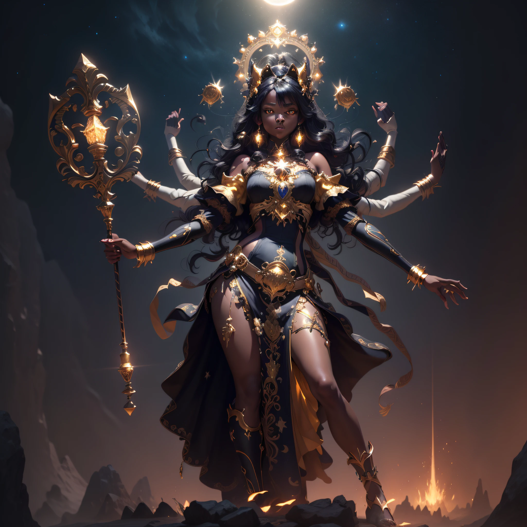 (extremely detailed CG unity 8k wallpaper, masterpiece, best quality, ultra-detailed), best illustration, an extremely delicate and beautiful, high resolution, dynamic angle, dynamic pose, (1girl), dark skin, black hair, yellow eyes, golden accessories, magical girl outfit, moonlit night, glowing stars, mystical background.