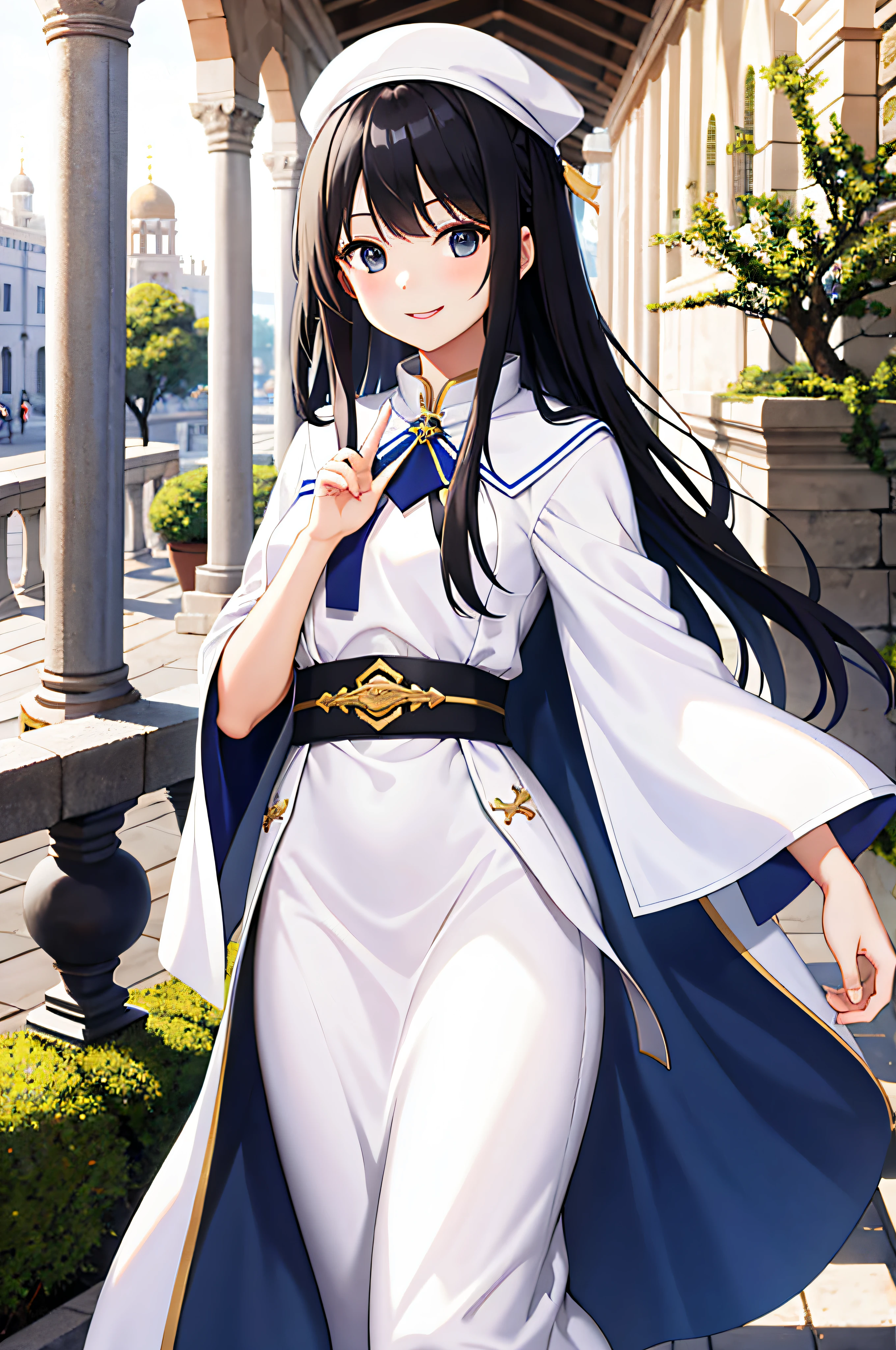 Absurd, 1 girl, ancient capital, railing, white dress, smile, waving,priestess,saint,black hair,high quality,semi-long.