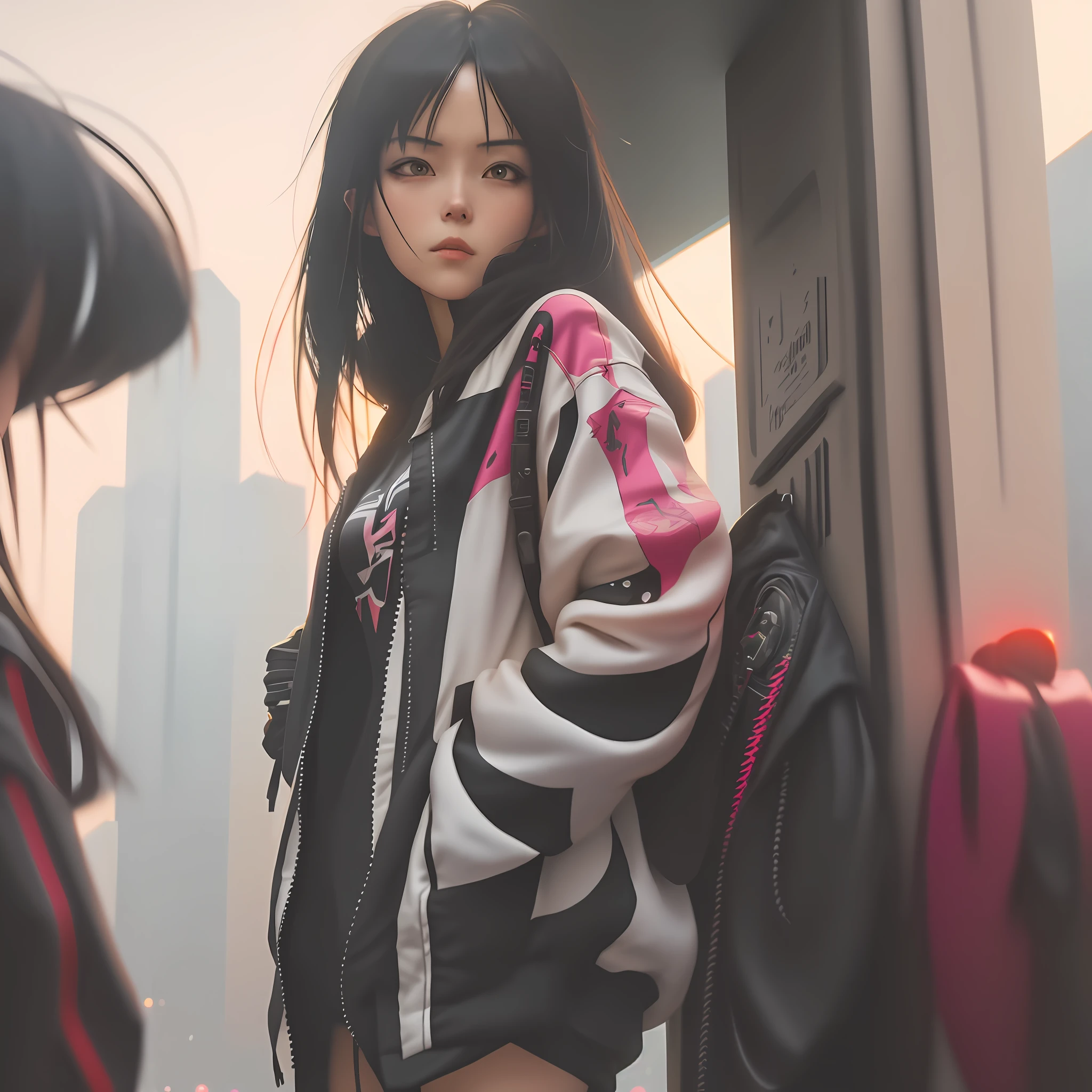 there is a woman standing on the side of the street, cyberpunk art by Yang J, trending on Artstation, realism, artwork in the style of guweiz, anime style. 8k, guweiz, realistic anime 3 d style, trending on cgstation, 🤤 girl portrait, hyper-realistic cyberpunk style, anime style mixed with fujifilm, dreamy cyberpunk girl